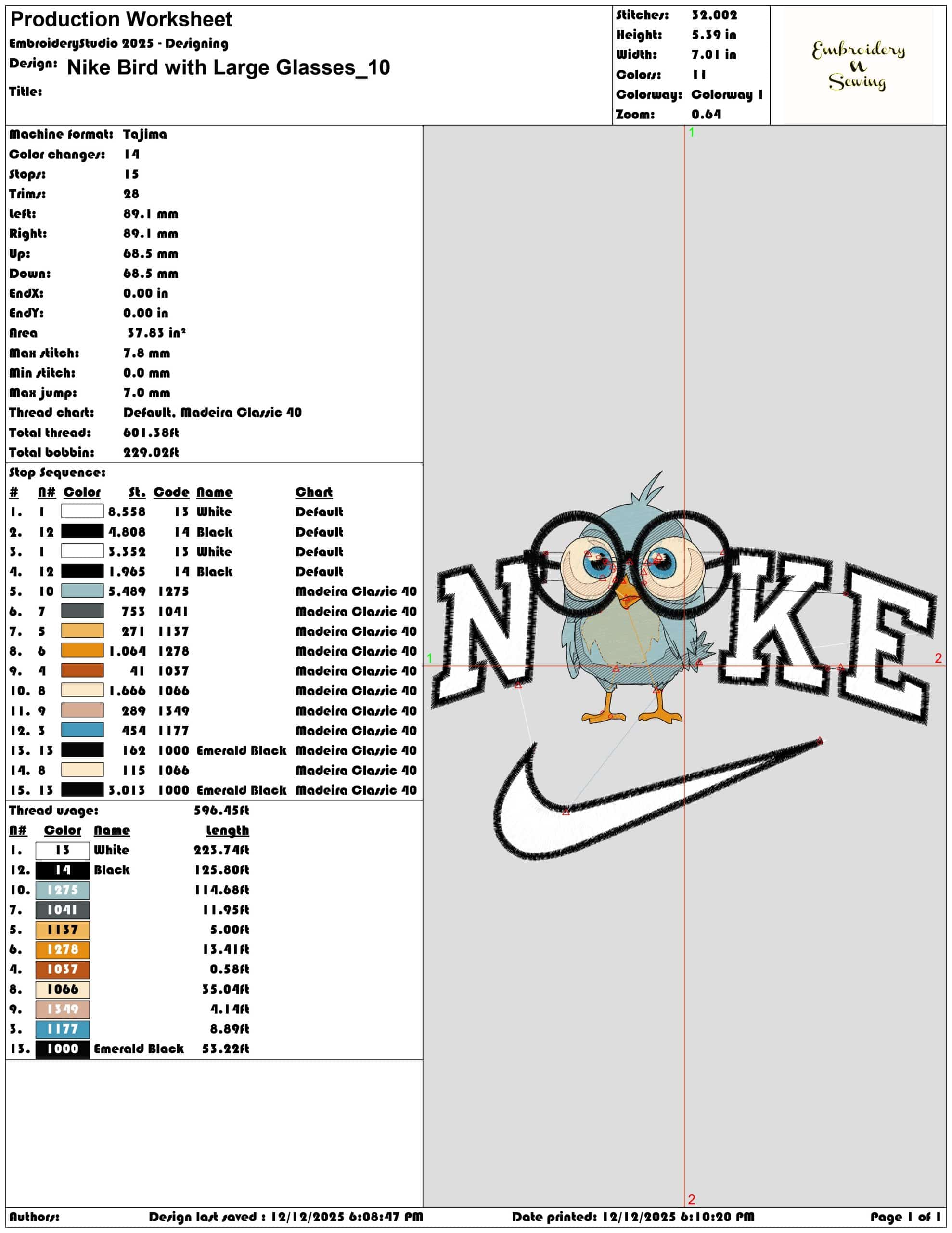 Nike Bird with Large Glasses - Elegant embroidery design file - instant download — view 3