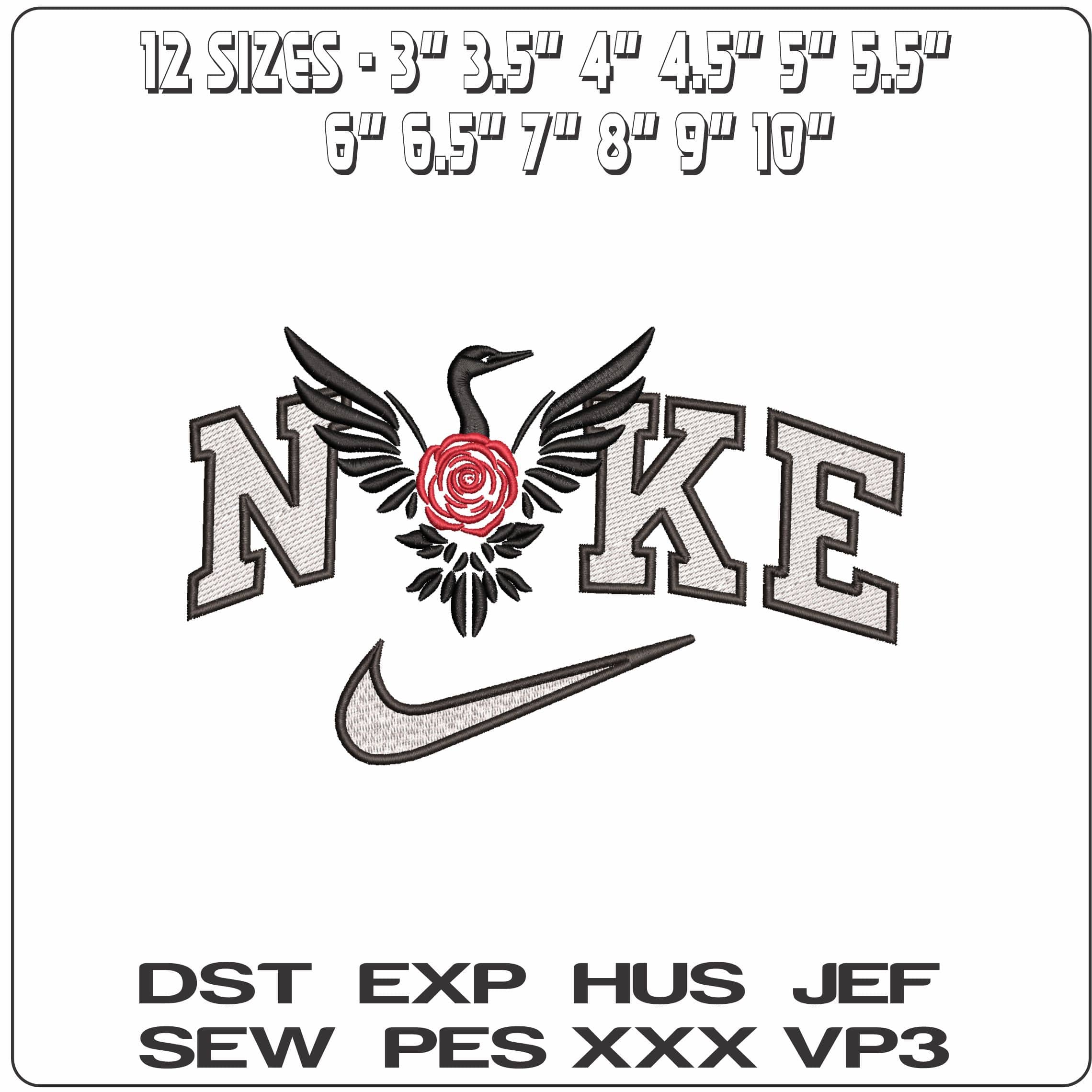 Nike Black Swan Red Rose- Elegant embroidery design file - instant download — view 2
