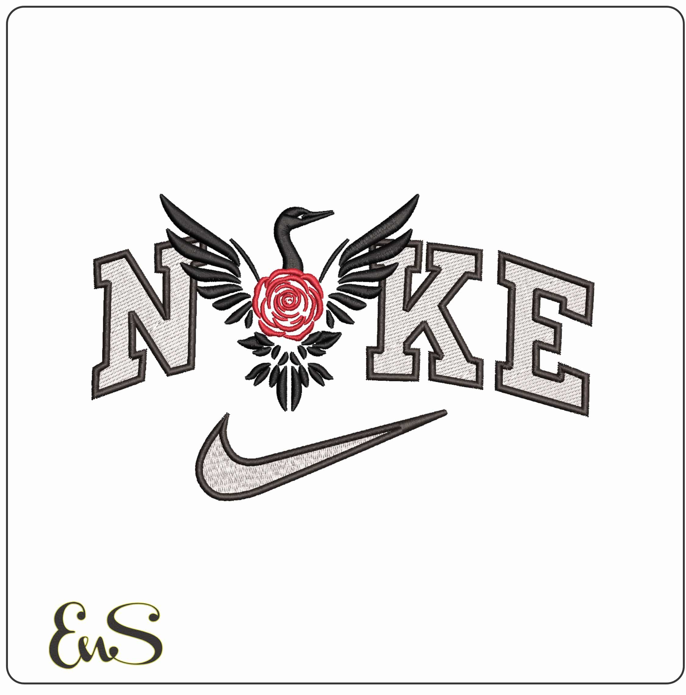 Nike Black Swan Red Rose- Elegant embroidery design file - instant download