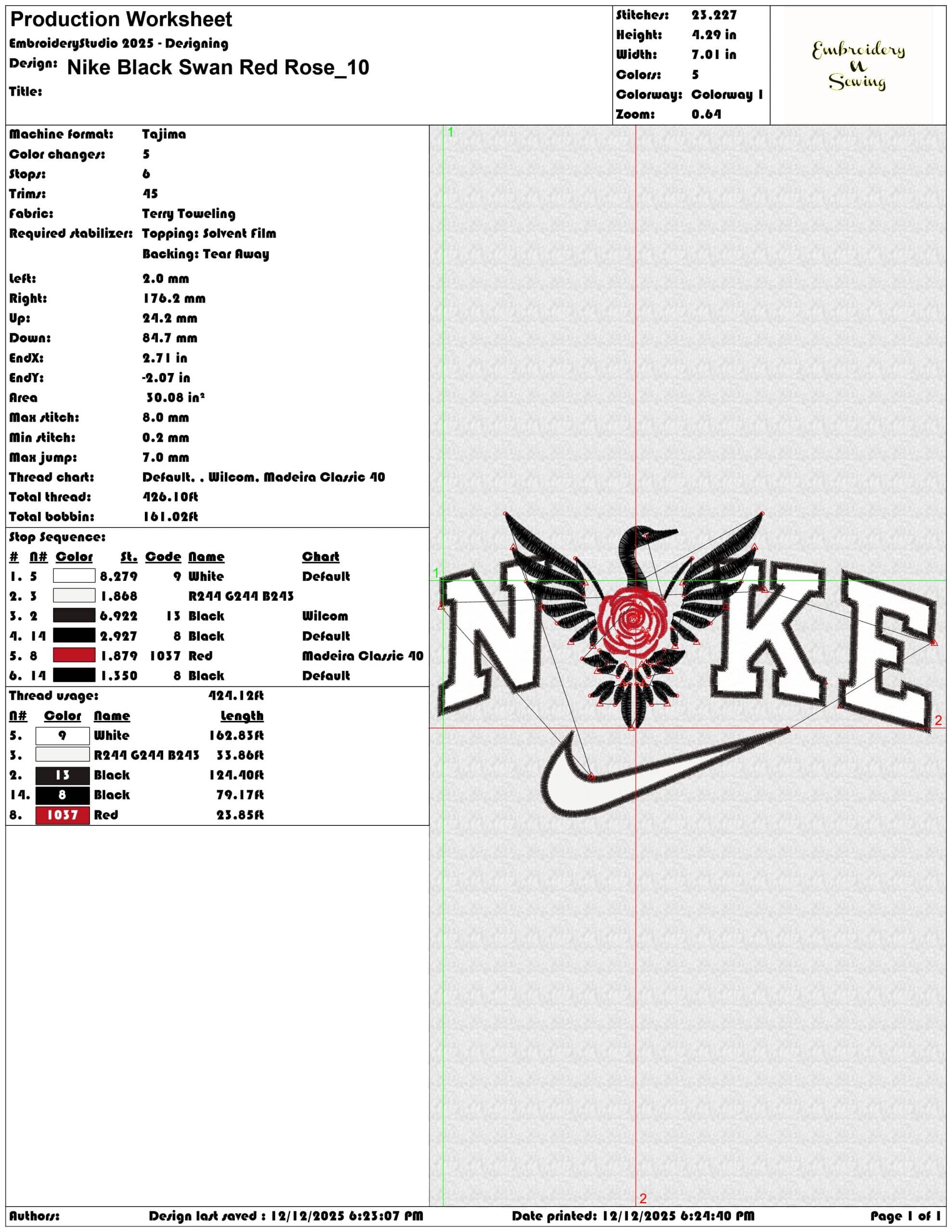 Nike Black Swan Red Rose- Elegant embroidery design file - instant download — view 3