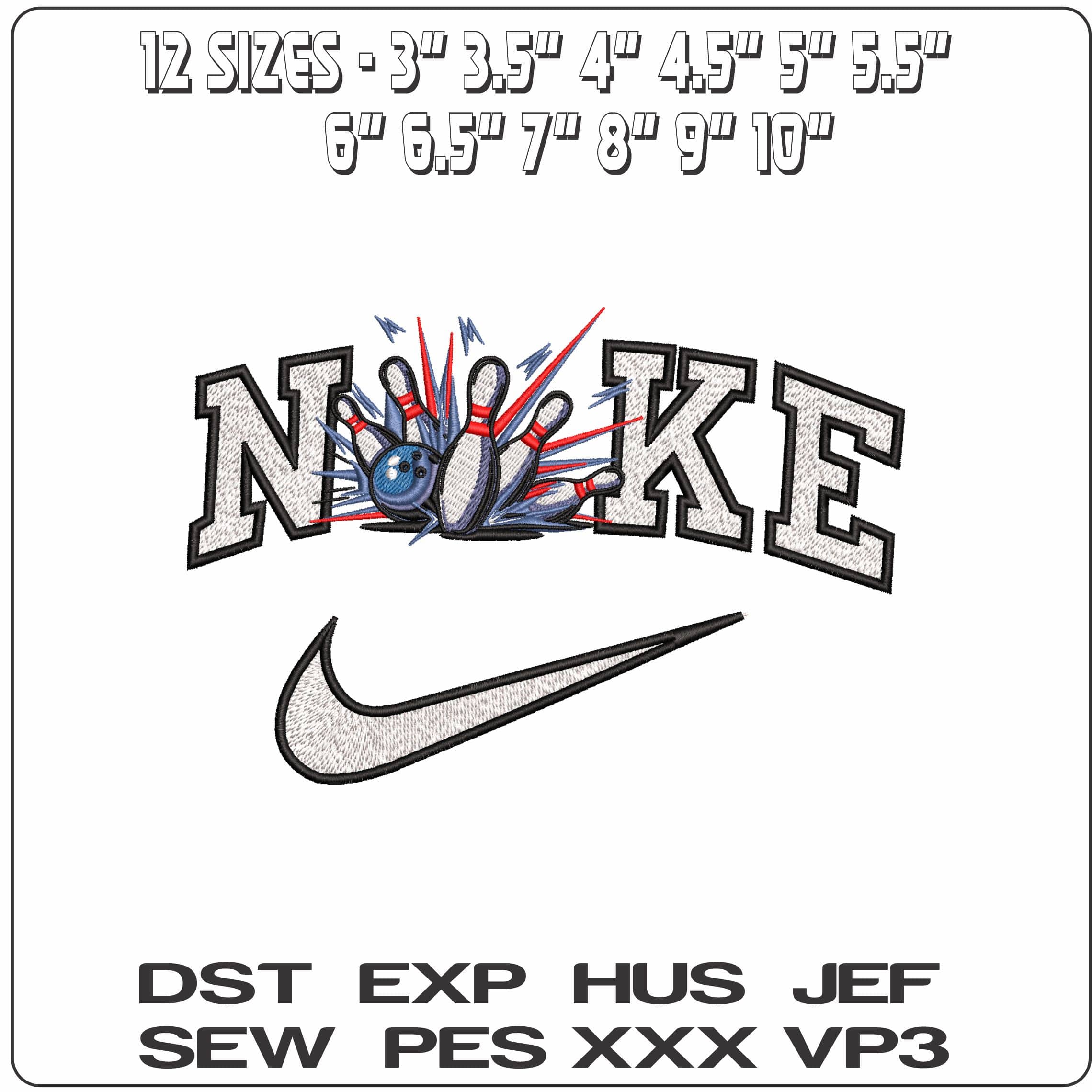 Nike Bowling Pins and Ball Strike- Elegant embroidery design file - instant download — view 2