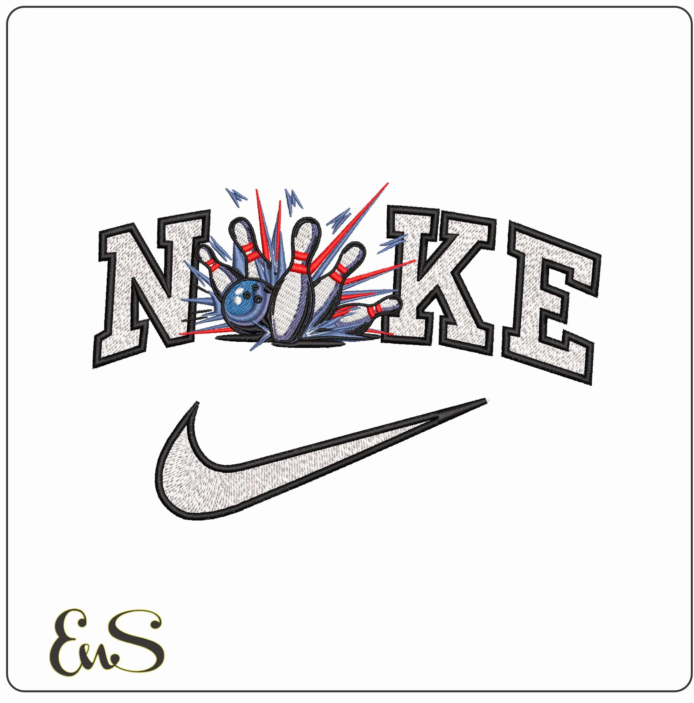 Nike Bowling Pins and Ball Strike- Elegant embroidery design file - instant download