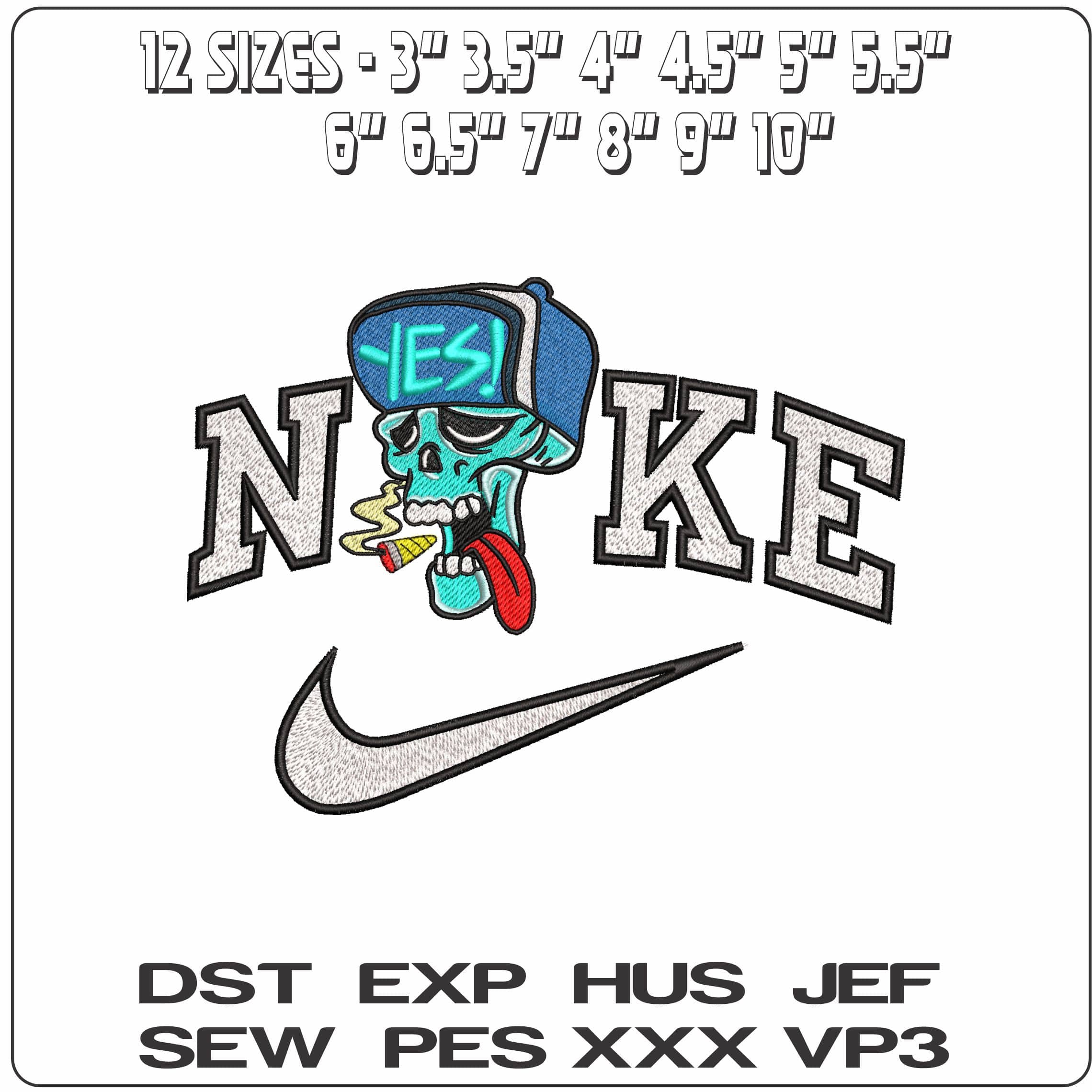 Nike Cartoon Skull Yes Hat and Smoking- Elegant embroidery design file - instant download — view 2