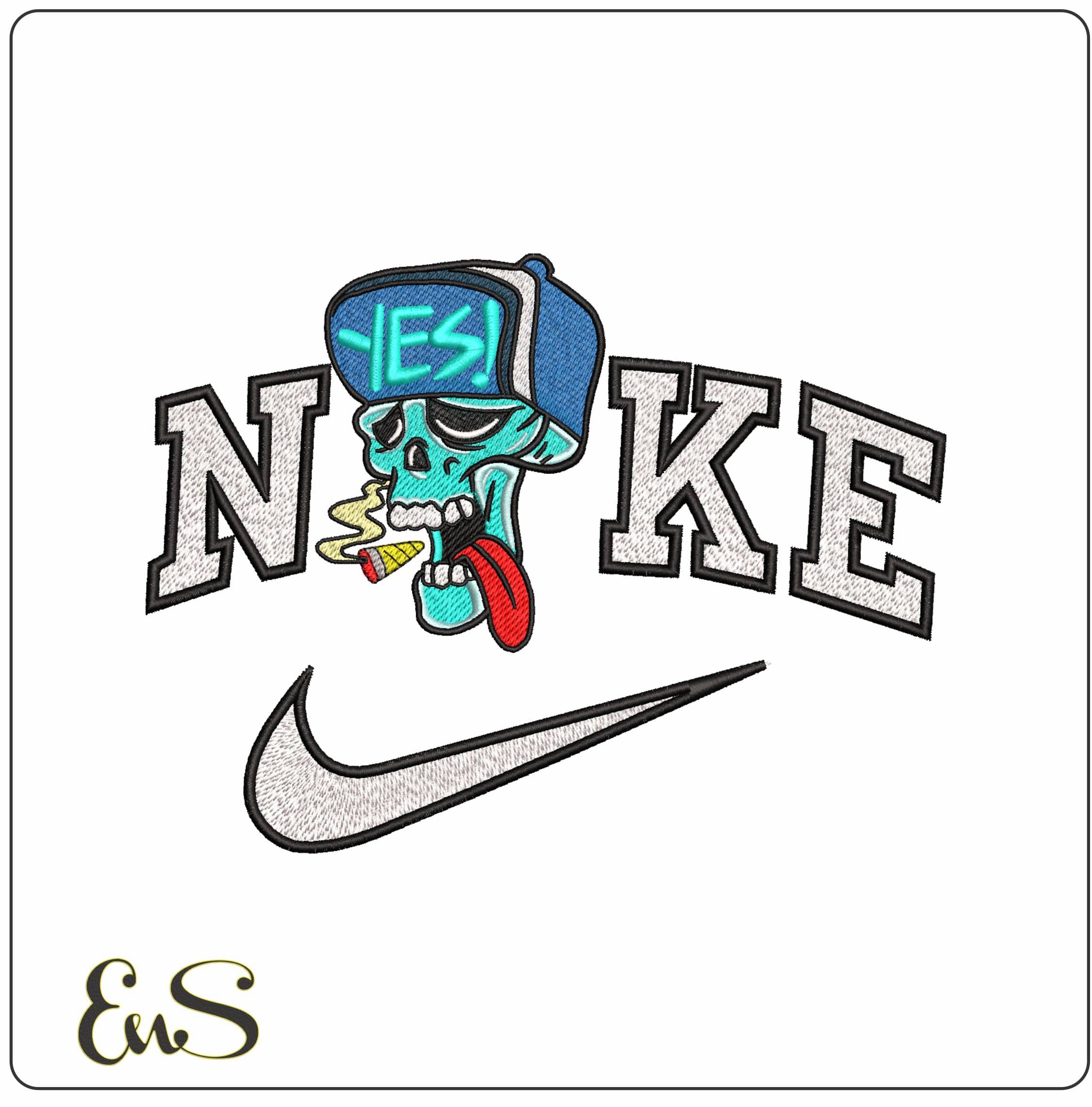 Nike Cartoon Skull Yes Hat and Smoking- Elegant embroidery design file - instant download