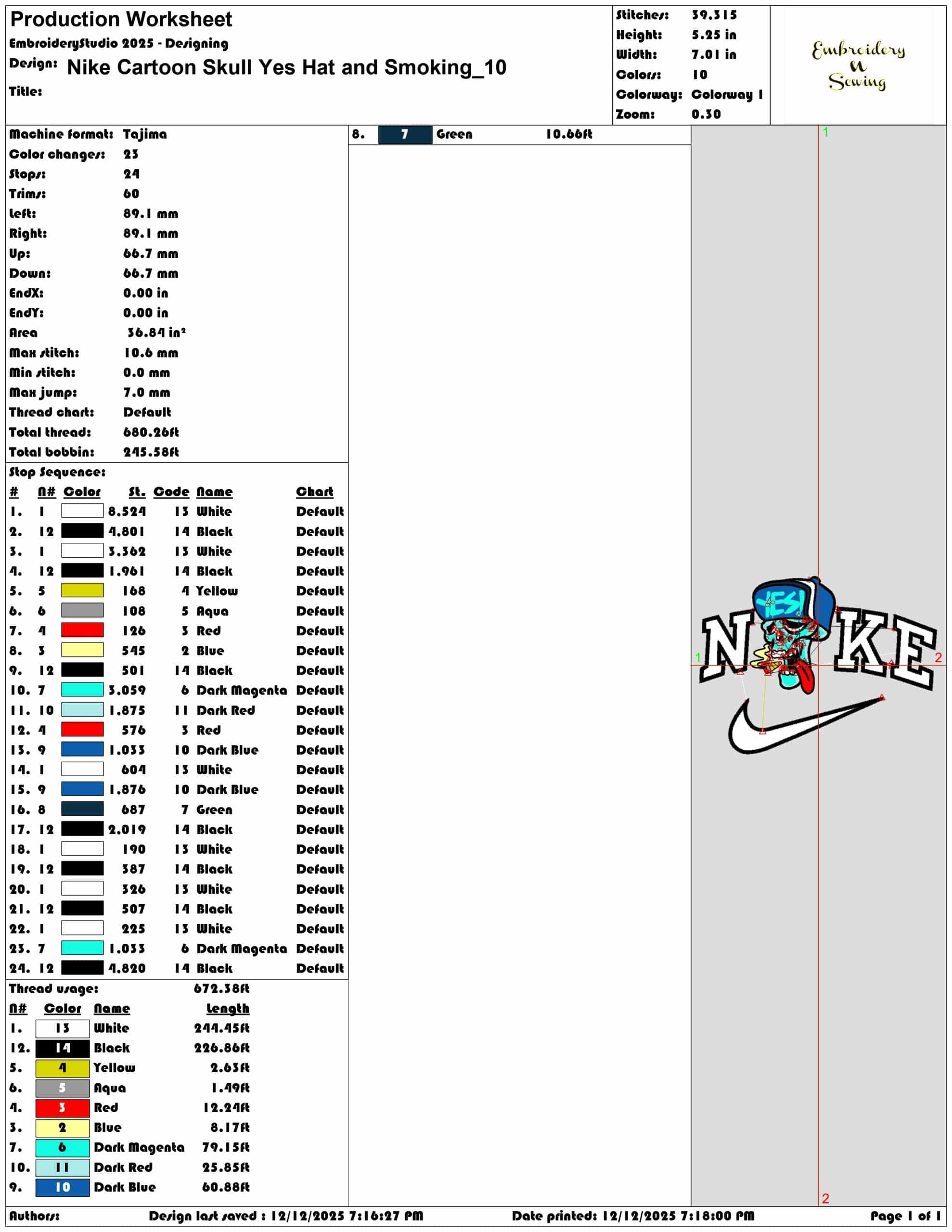 Nike Cartoon Skull Yes Hat and Smoking- Elegant embroidery design file - instant download — view 3