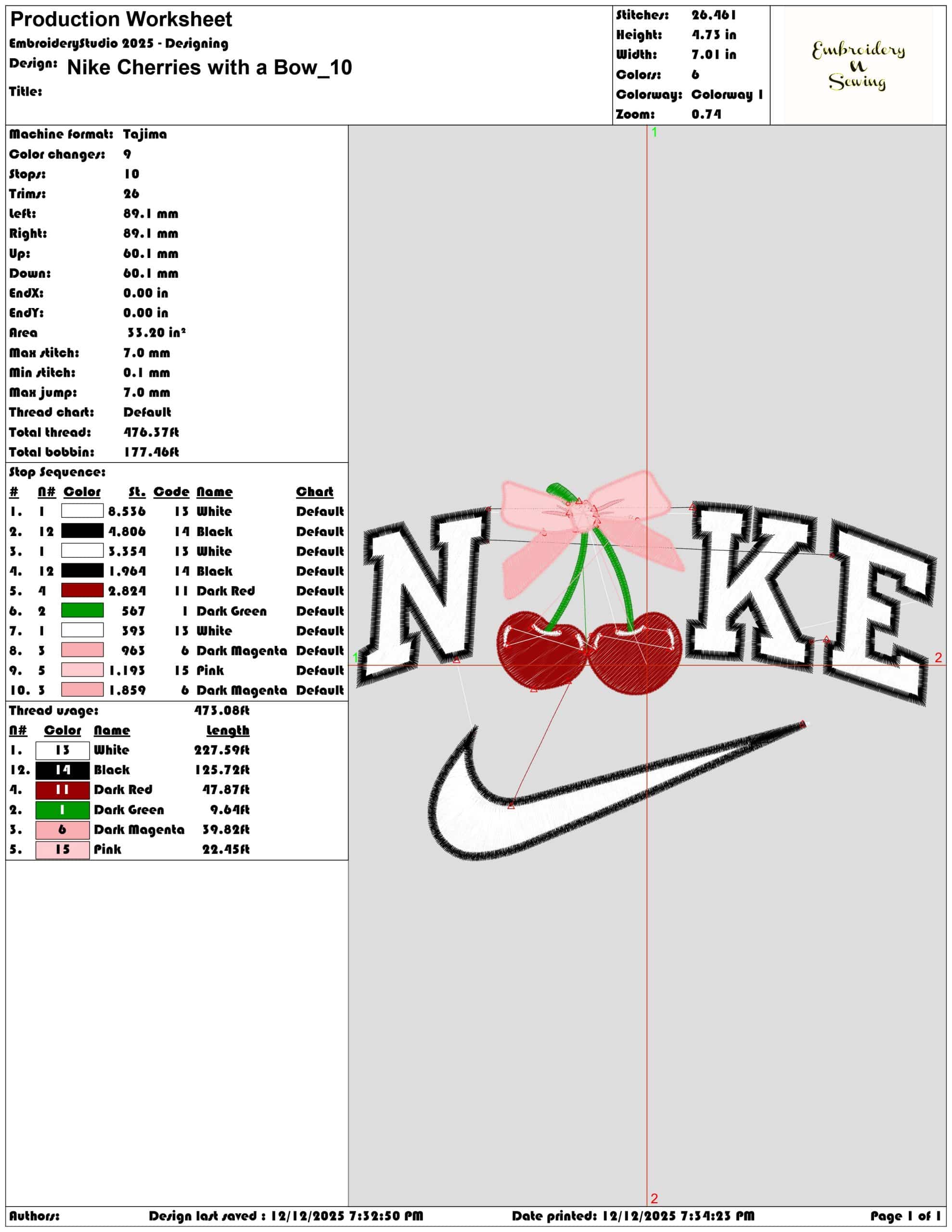 Nike Cherries with a Bow- Elegant embroidery design file - instant download — view 3