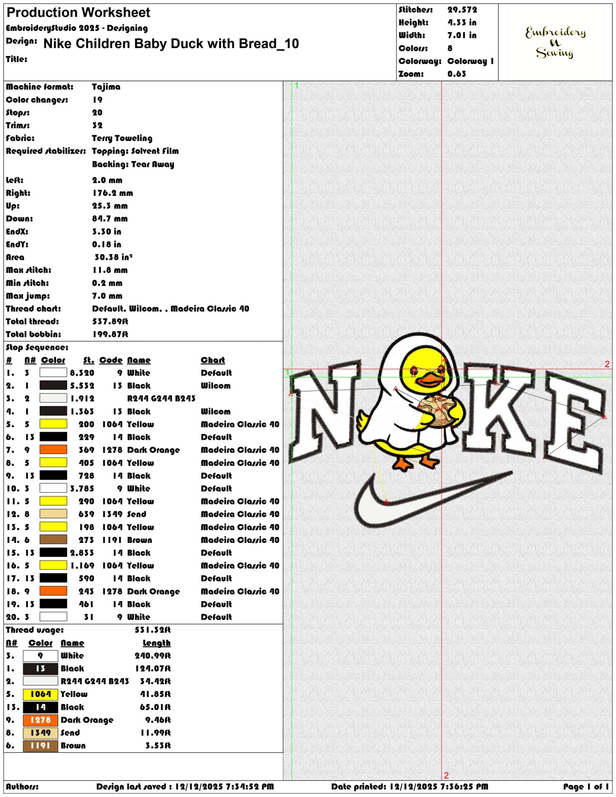 Nike Children Baby Duck with Bread- Elegant embroidery design file - instant download — view 3