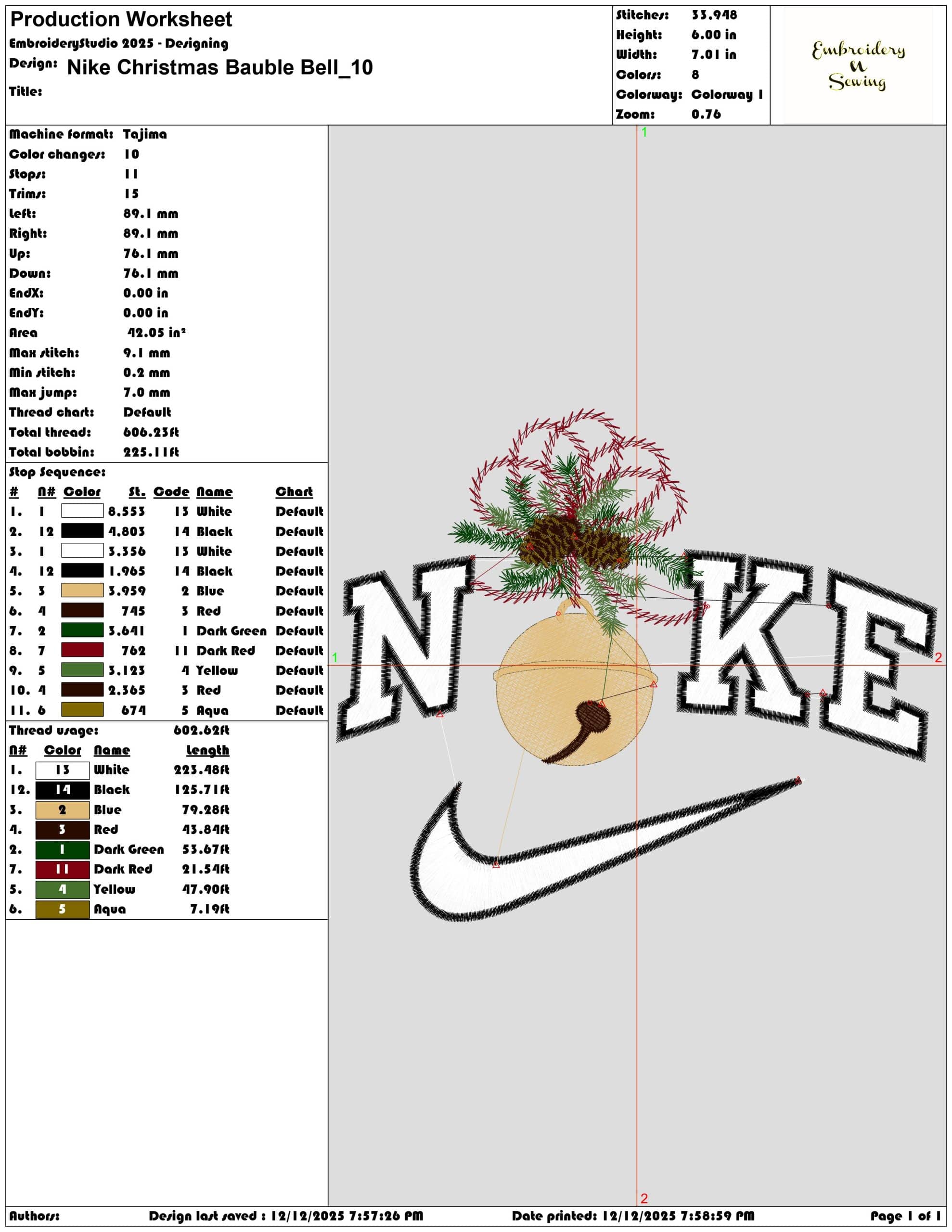 Nike Christmas Bauble Bell- Elegant embroidery design file - instant download — view 3