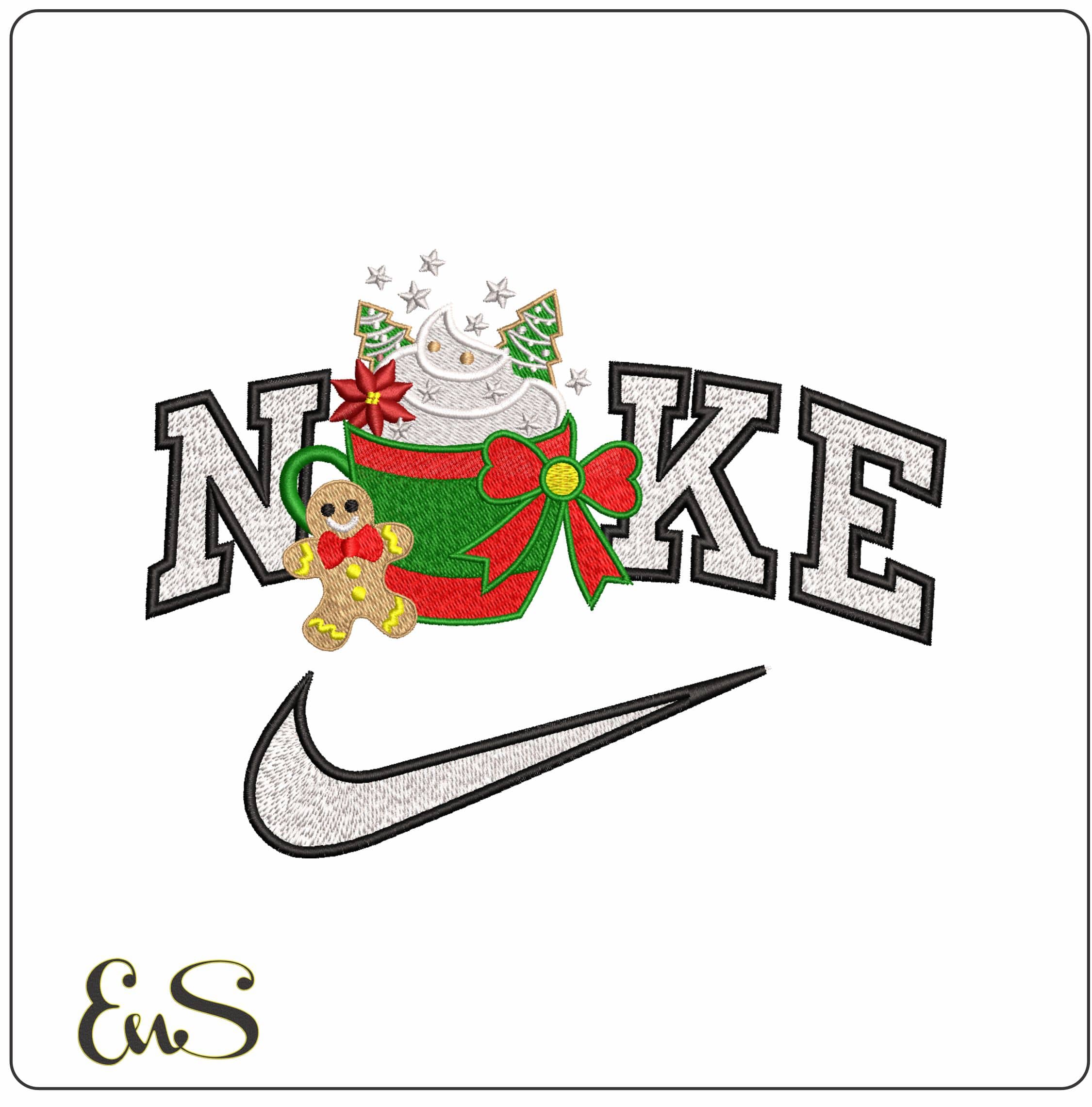 Nike Christmas Colors Mug Hot Chocolate and Gingerbread man- Elegant embroidery design file - instant download