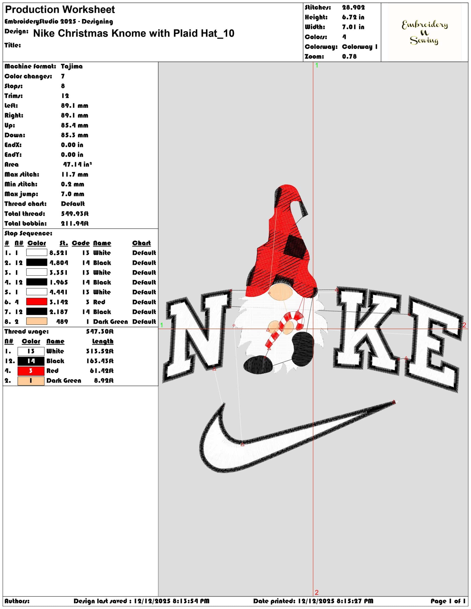 Nike Christmas Knome with Plaid Hat- Elegant embroidery design file - instant download — view 3