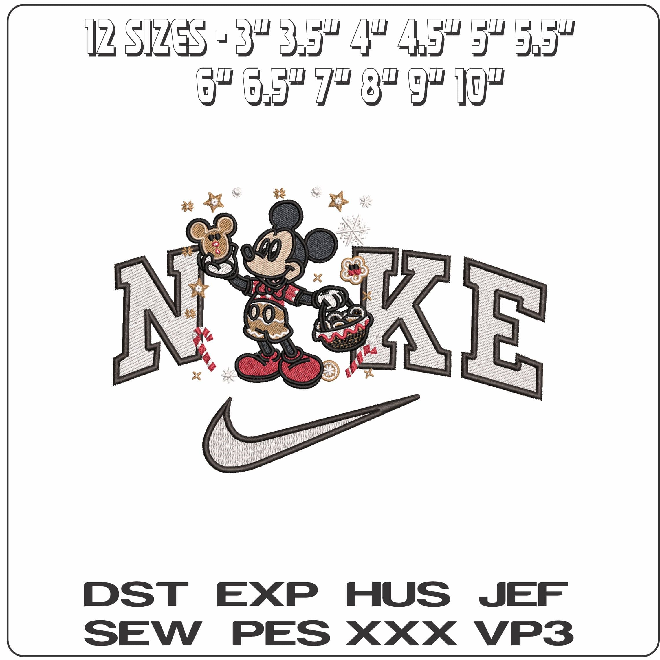 Nike Christmas Mickey Mouse with Gingerbread around- Elegant embroidery design file - instant download — view 2