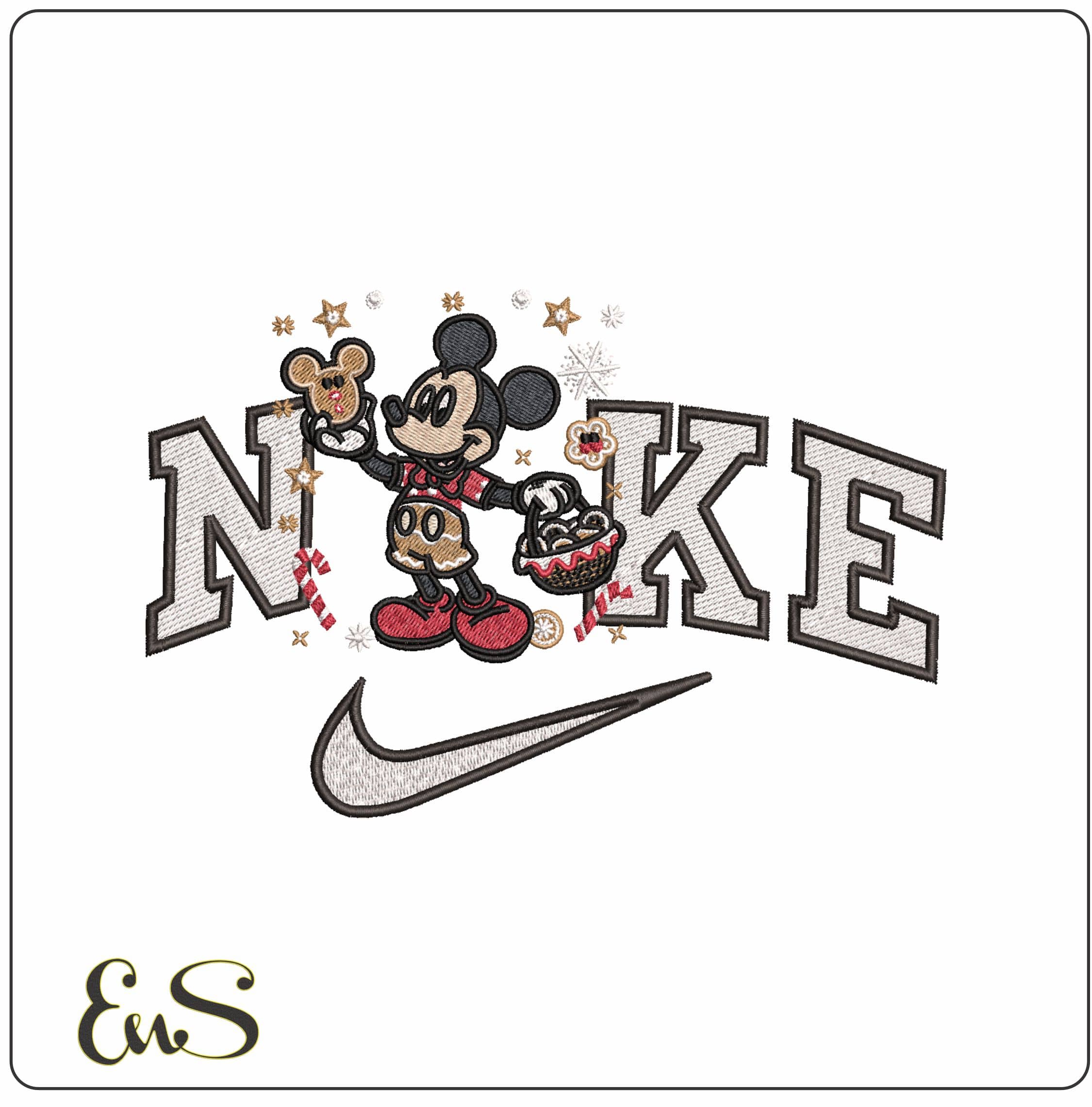 Nike Christmas Mickey Mouse with Gingerbread around- Elegant embroidery design file - instant download