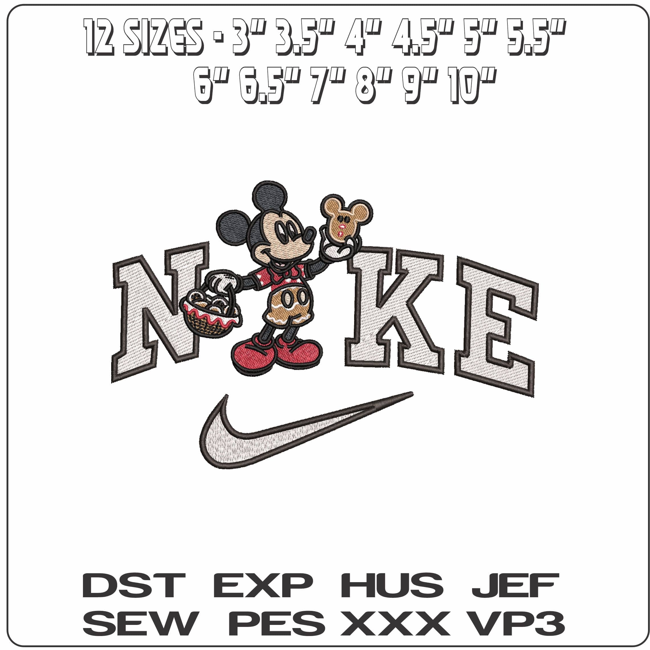 Nike Christmas Mickey Mouse with Gingerbread man- Elegant embroidery design file - instant download — view 2