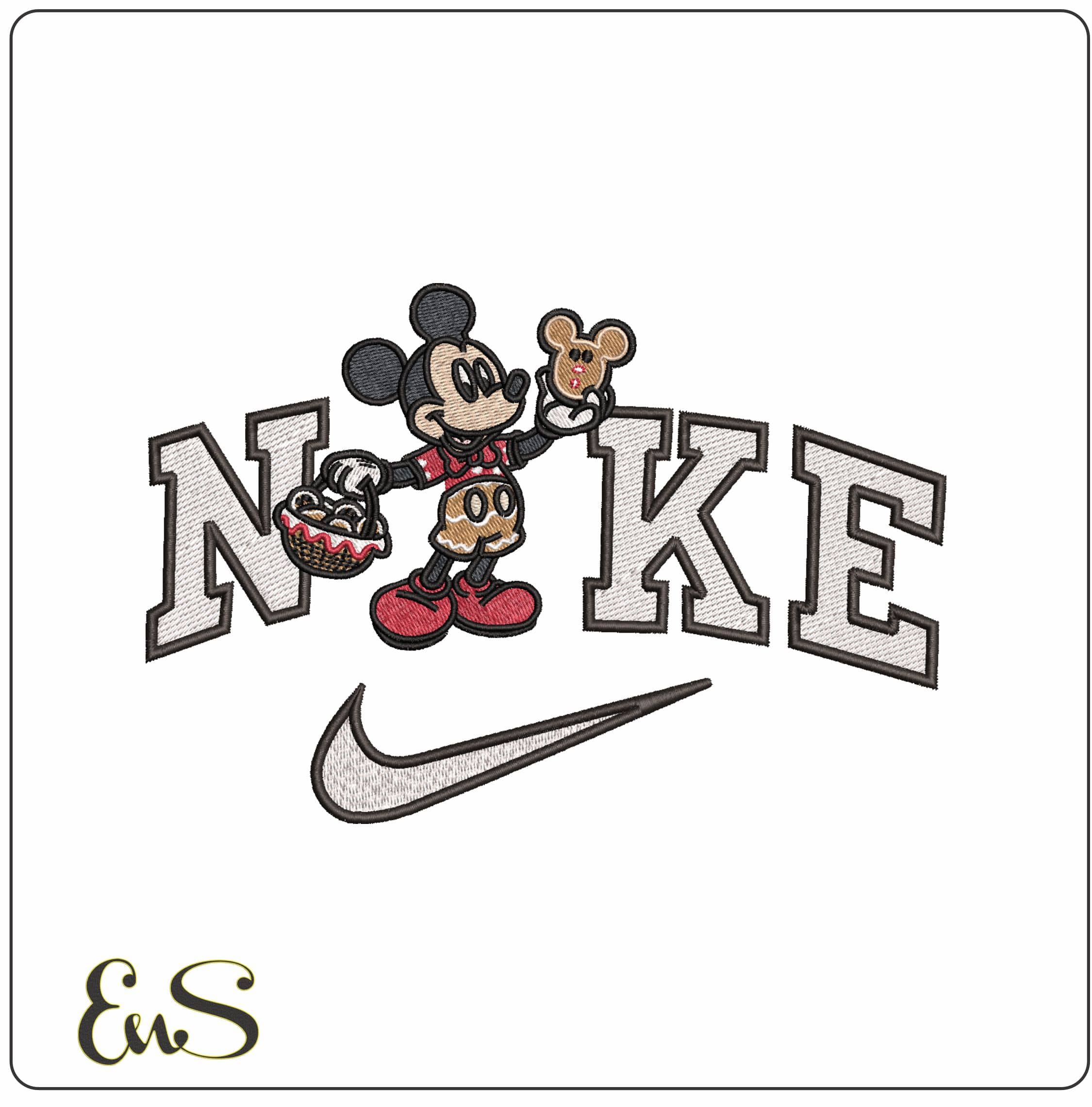 Nike Christmas Mickey Mouse with Gingerbread man- Elegant embroidery design file - instant download