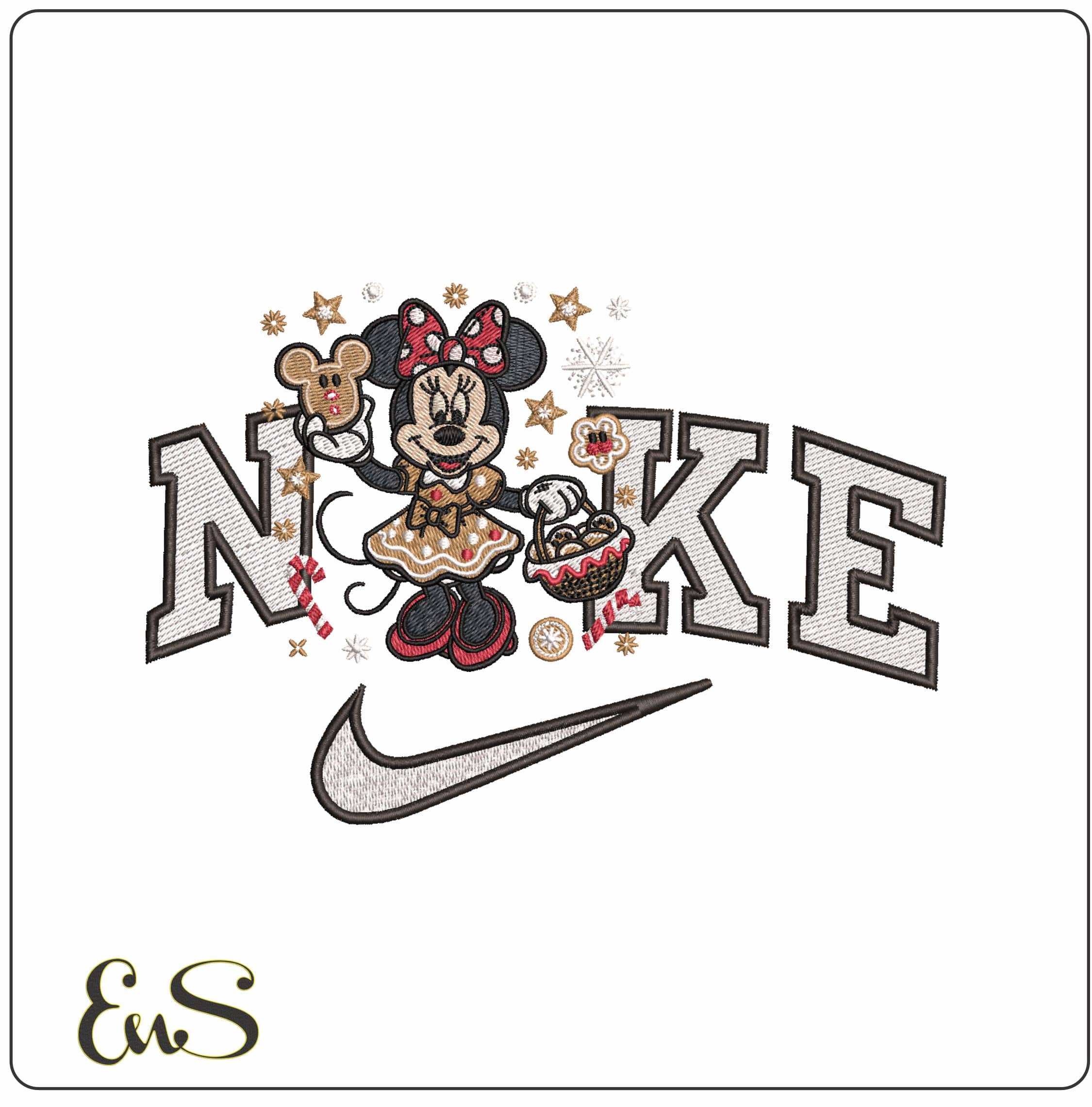 Nike Christmas Minnie Mouse with Gingerbread around- Elegant embroidery design file - instant download