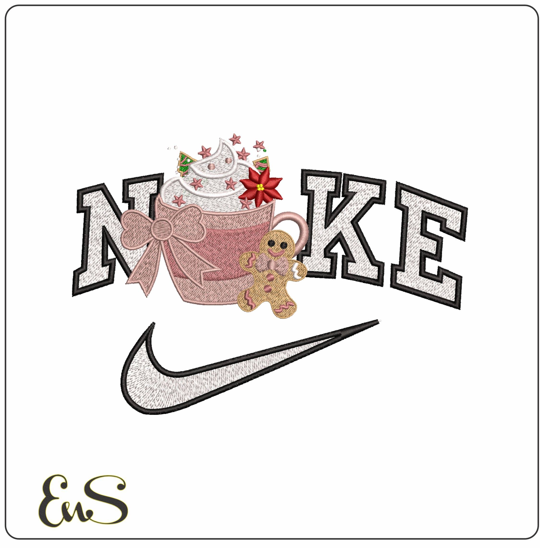 Nike Christmas Mug Hot Chocolate and Gingerbread man- Elegant embroidery design file - instant download