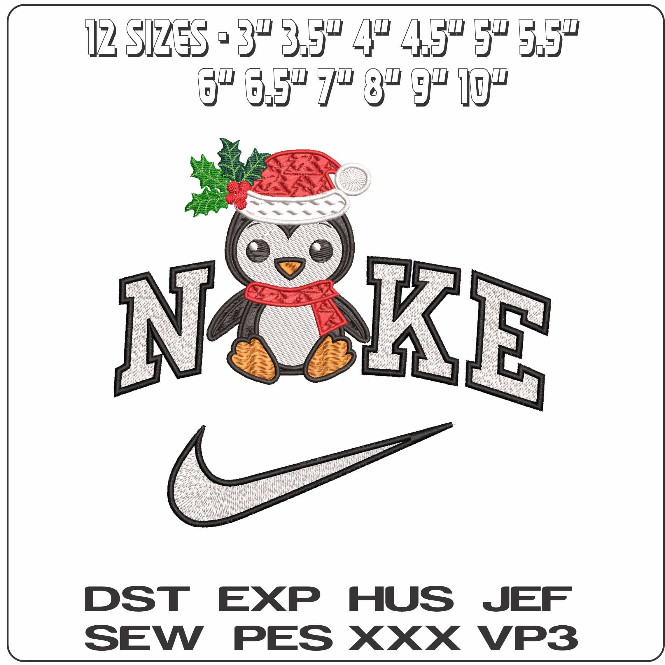Nike Christmas Penguin with Holly on Hat- Elegant embroidery design file - instant download — view 2