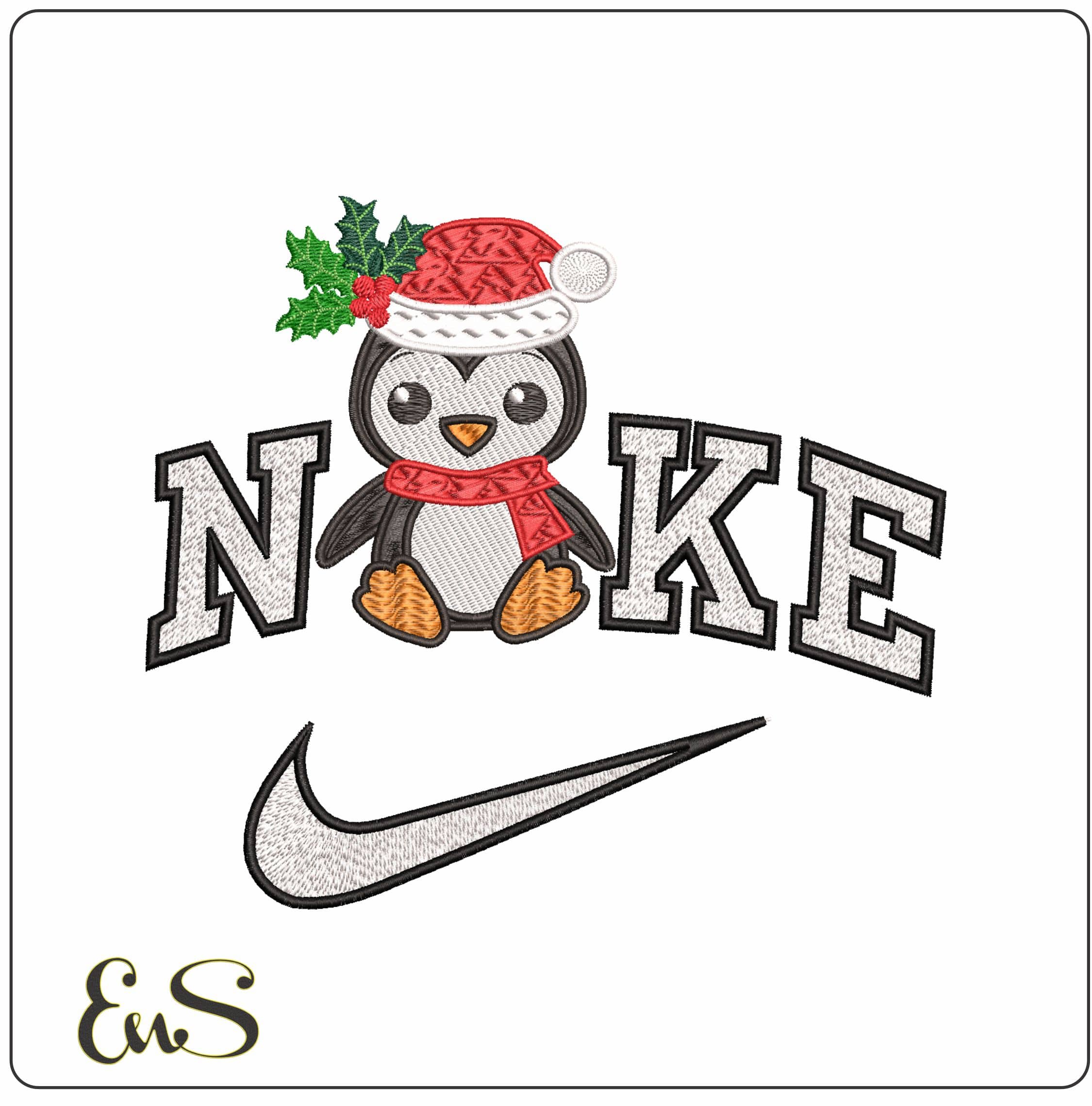 Nike Christmas Penguin with Holly on Hat- Elegant embroidery design file - instant download