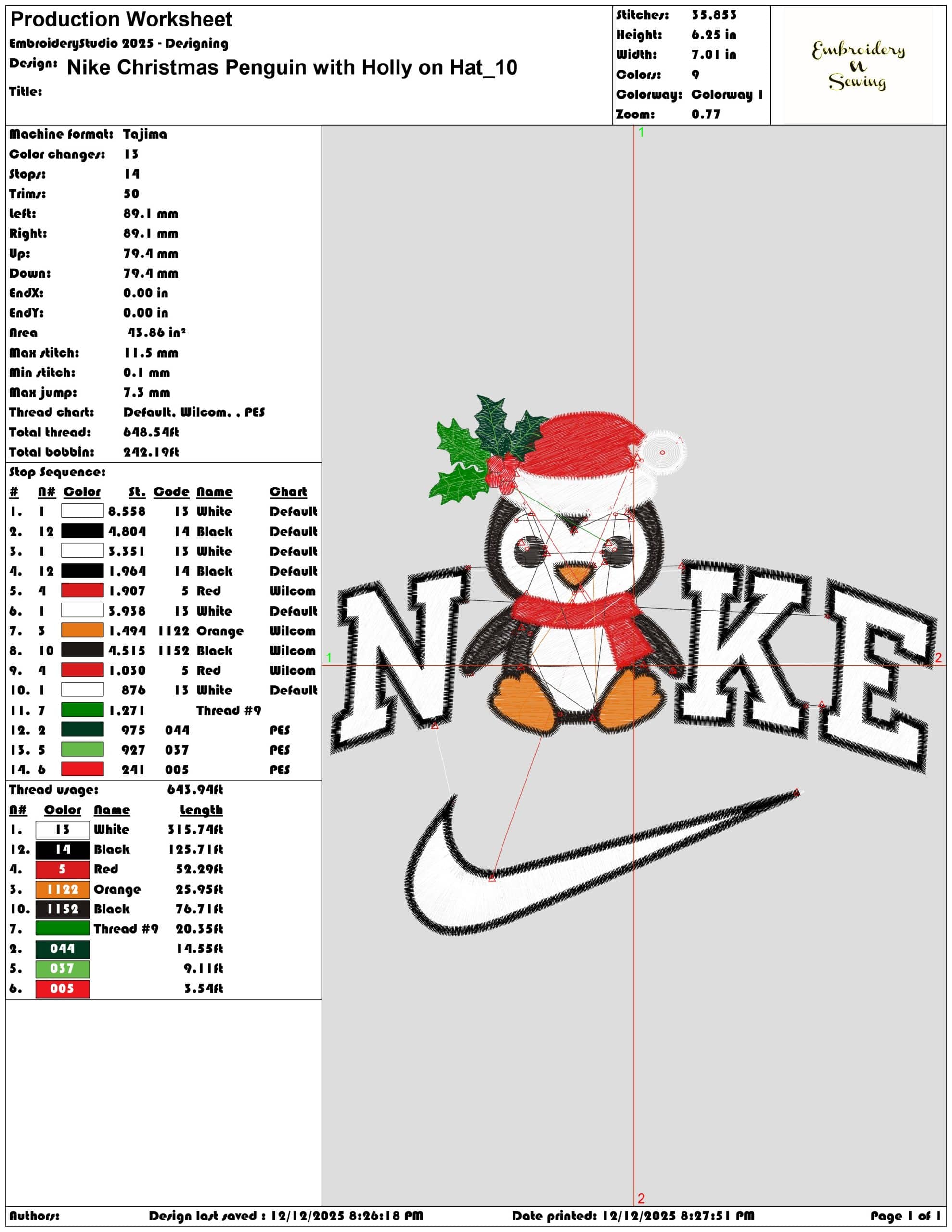 Nike Christmas Penguin with Holly on Hat- Elegant embroidery design file - instant download — view 3
