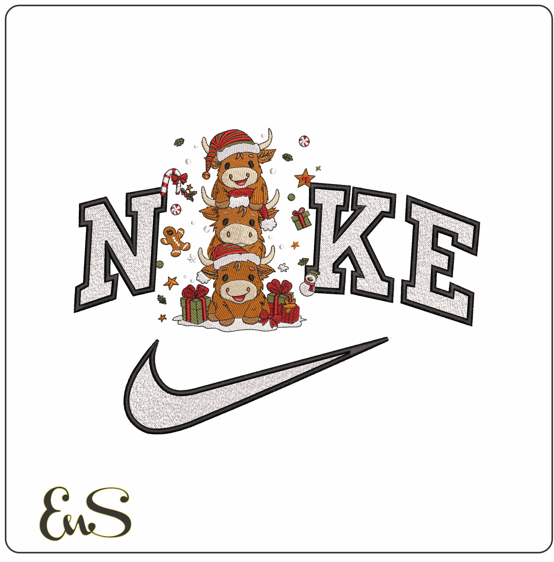 Nike Christmas Tree Cows with Decorations- Elegant embroidery design file - instant download