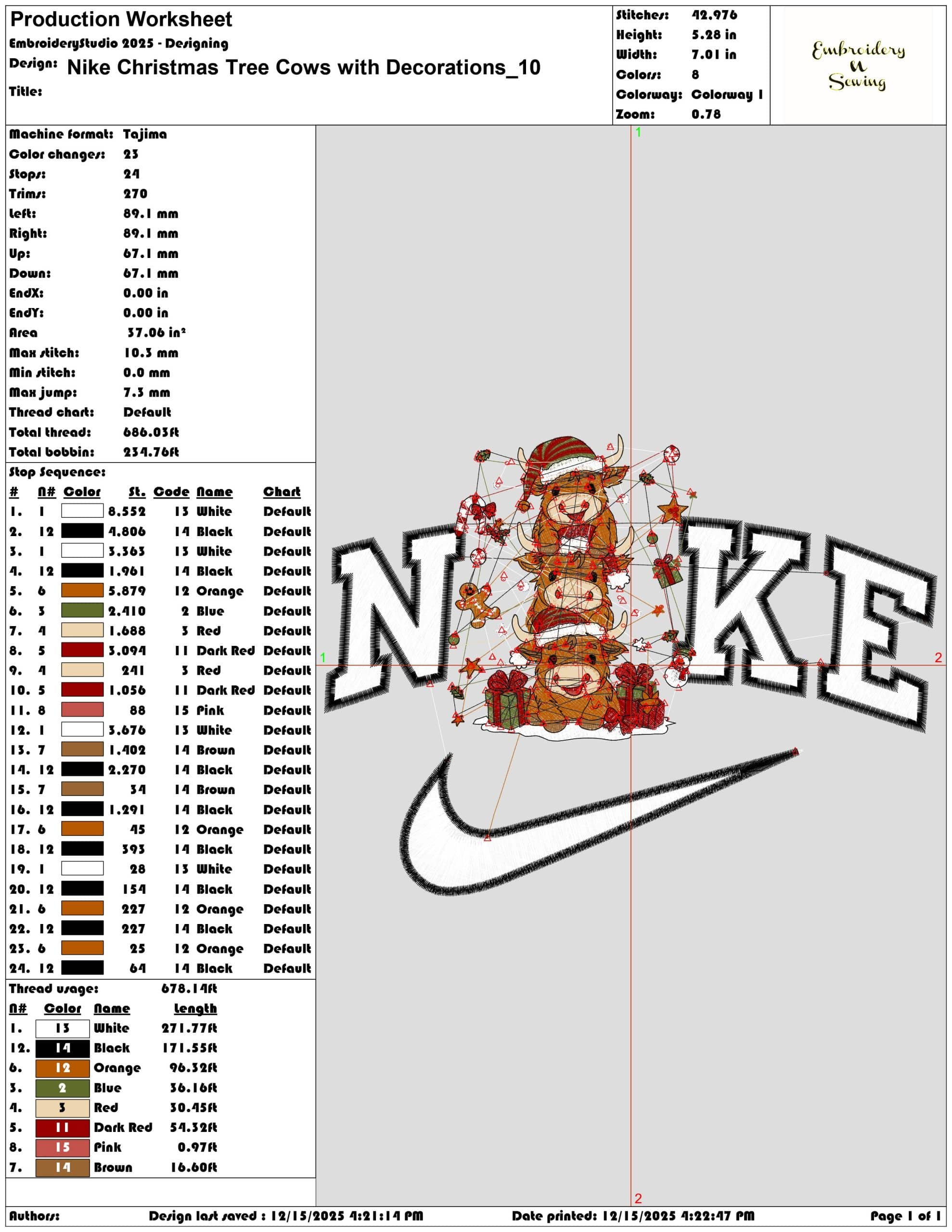 Nike Christmas Tree Cows with Decorations- Elegant embroidery design file - instant download — view 3