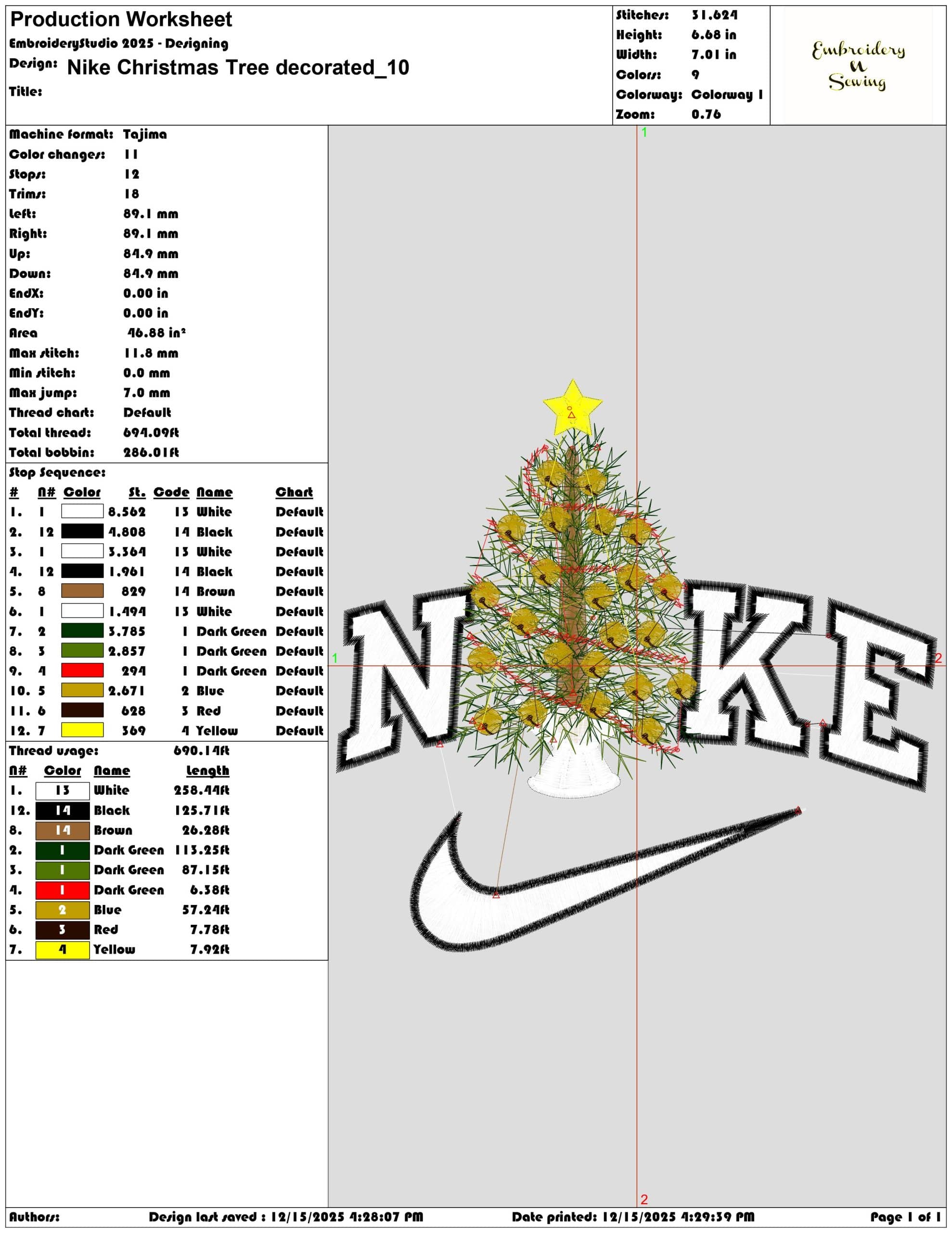 Nike Christmas Tree decorated- Elegant embroidery design file - instant download — view 3