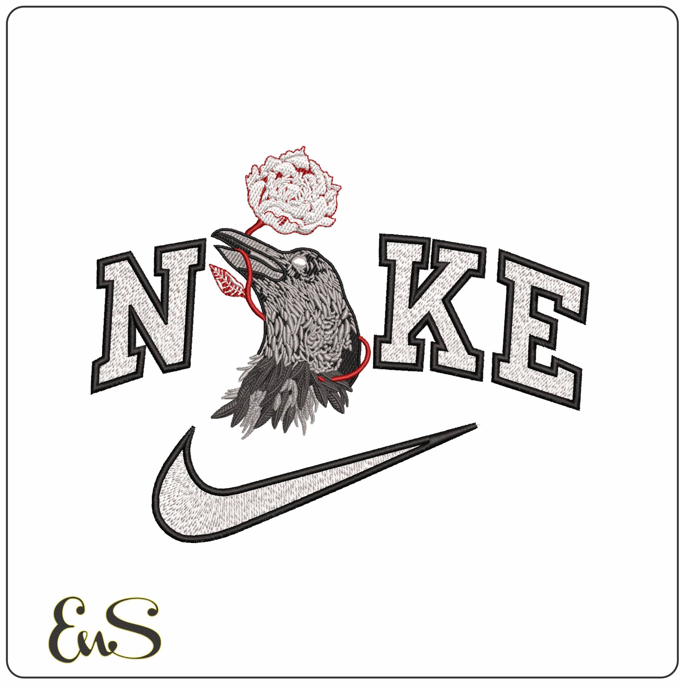 Nike Crow with Rose- Elegant embroidery design file - instant download
