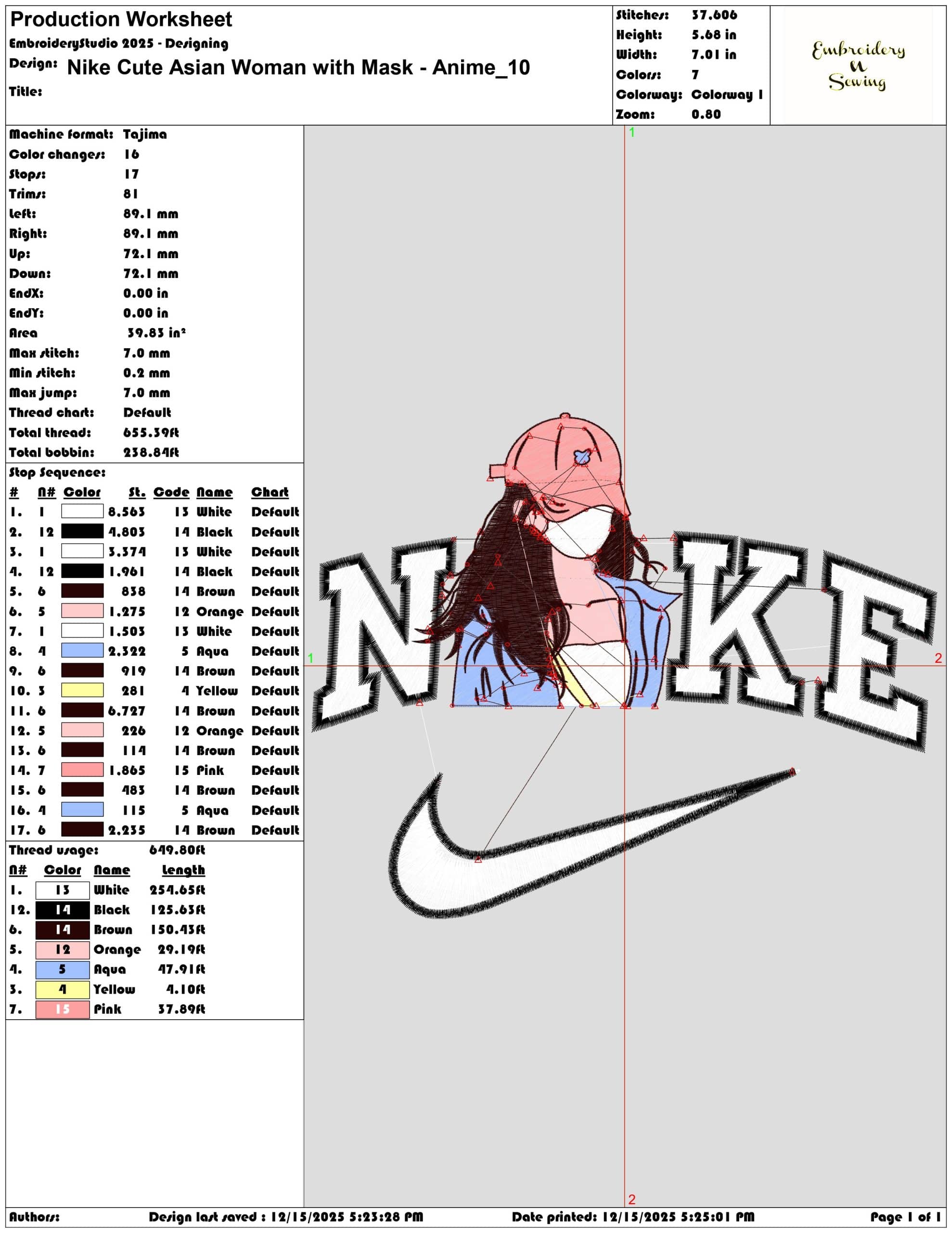 Nike Cute Asian Woman with Mask Anime- Elegant embroidery design file - instant download — view 3