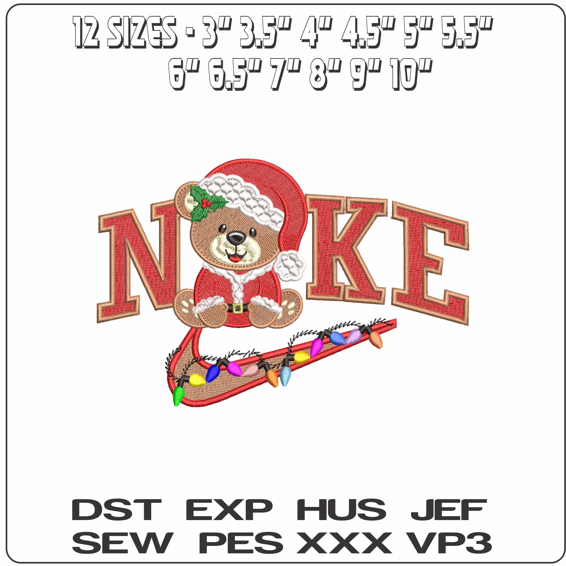 Nike Cute Christmas Teddy Bear xmas Lights- Elegant embroidery design file - instant download — view 2