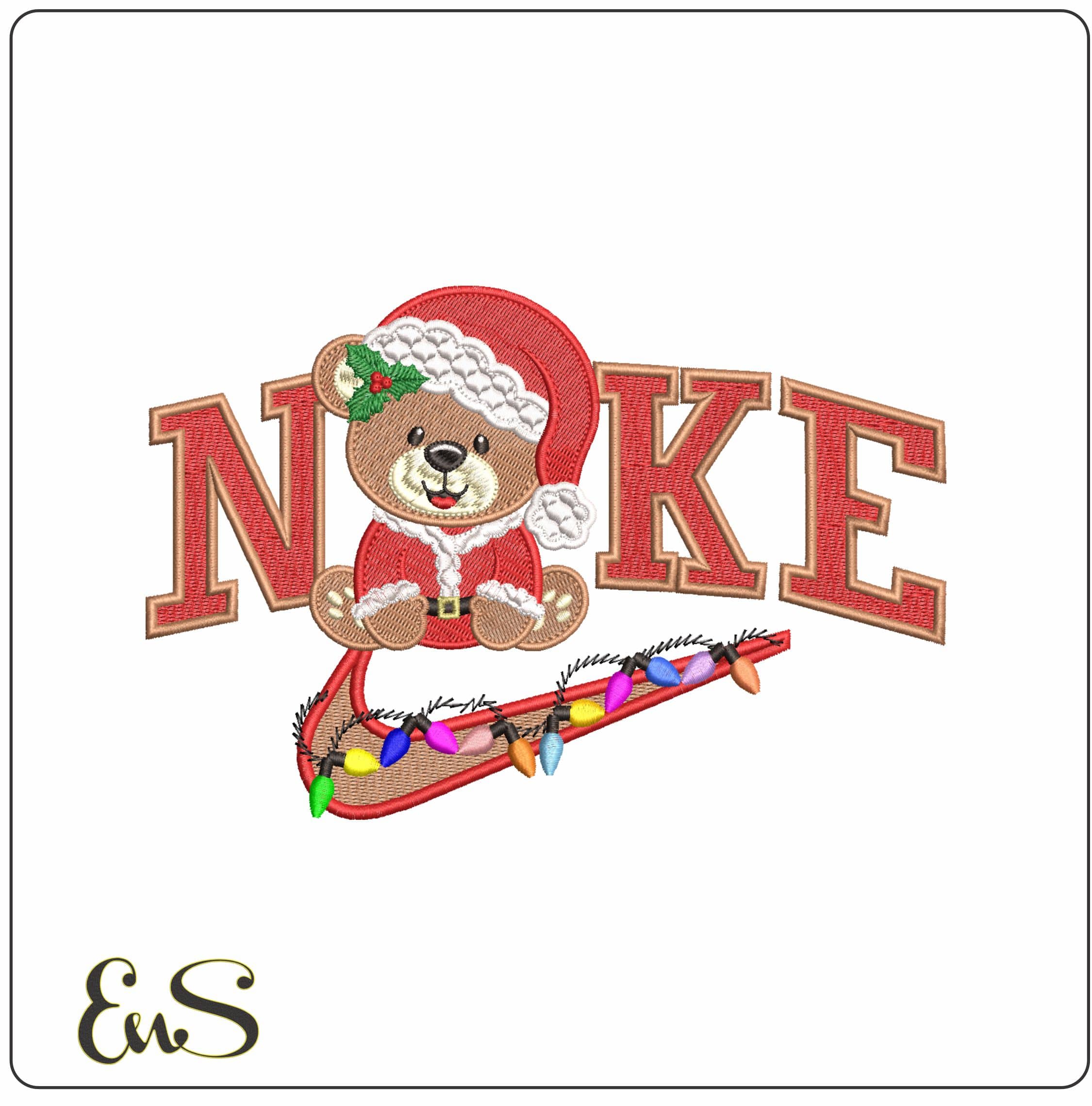 Nike Cute Christmas Teddy Bear xmas Lights- Elegant embroidery design file - instant download