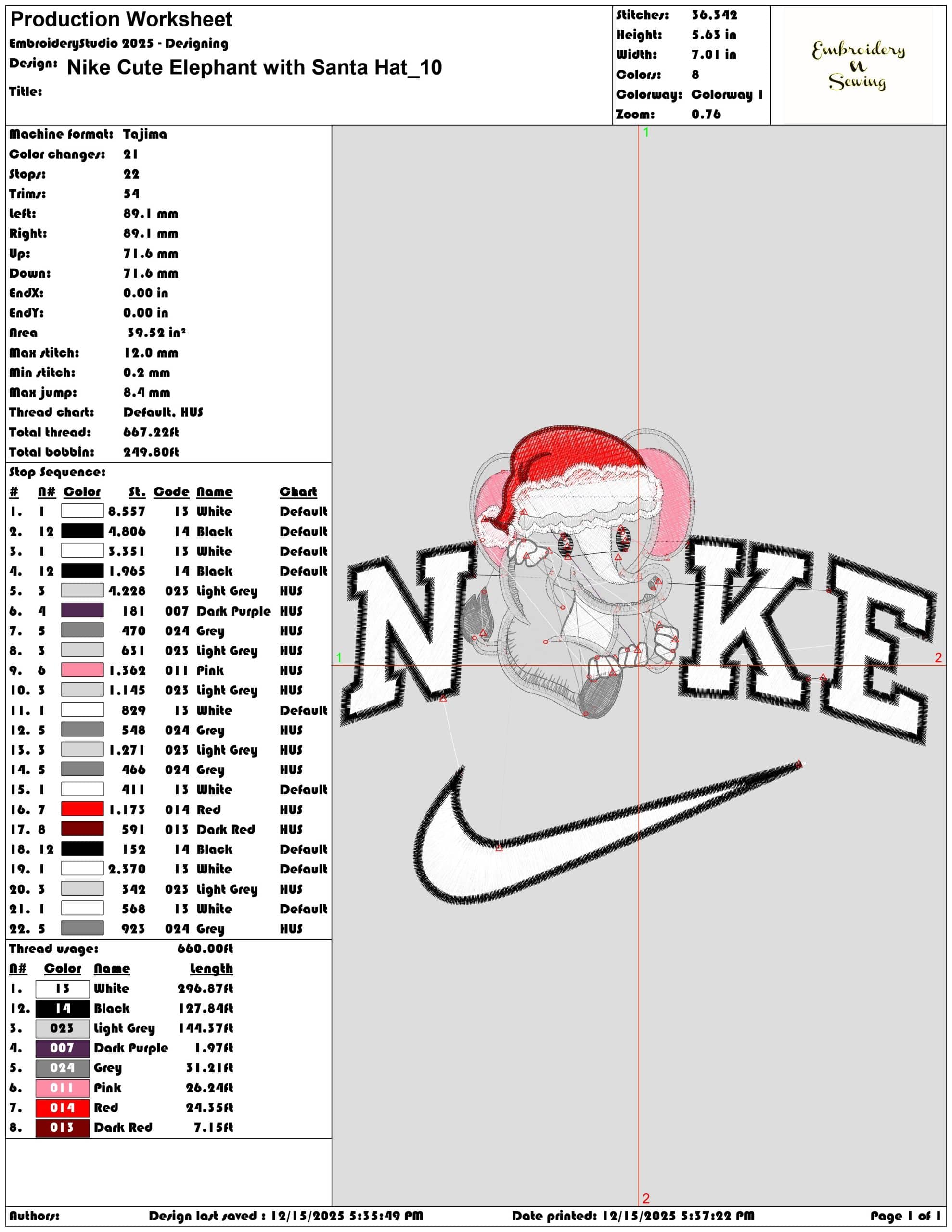 Nike Cute Elephant with Santa Hat- Elegant embroidery design file - instant download — view 3