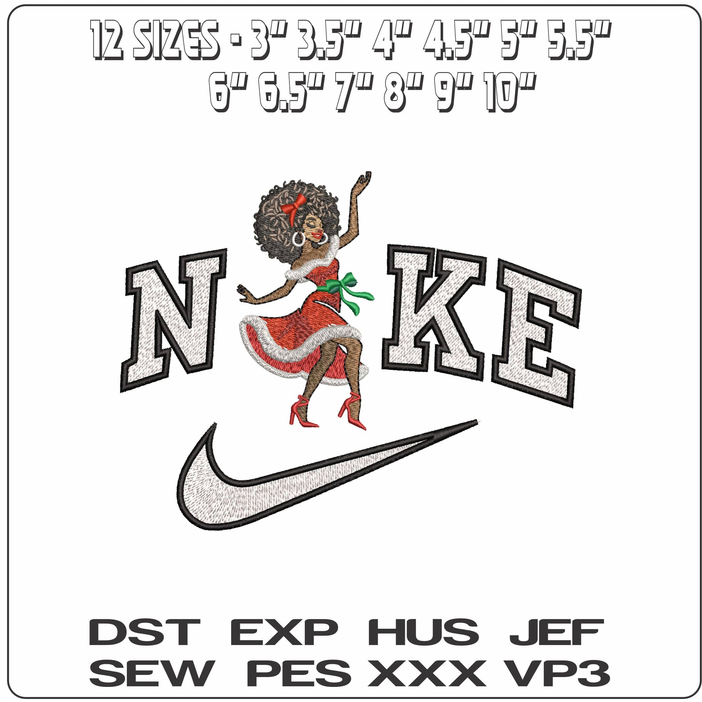 Nike Dancing Black Lady in Christmas Dress- Elegant embroidery design file - instant download — view 2