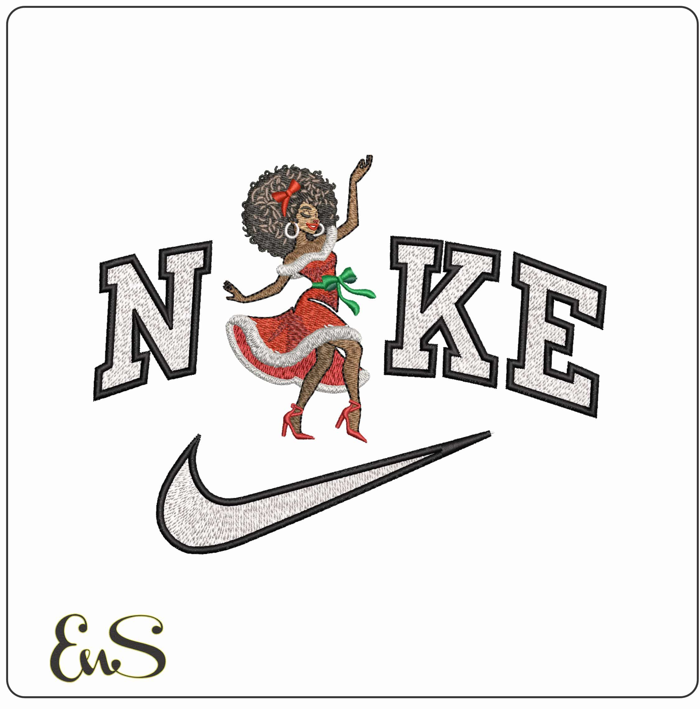 Nike Dancing Black Lady in Christmas Dress- Elegant embroidery design file - instant download