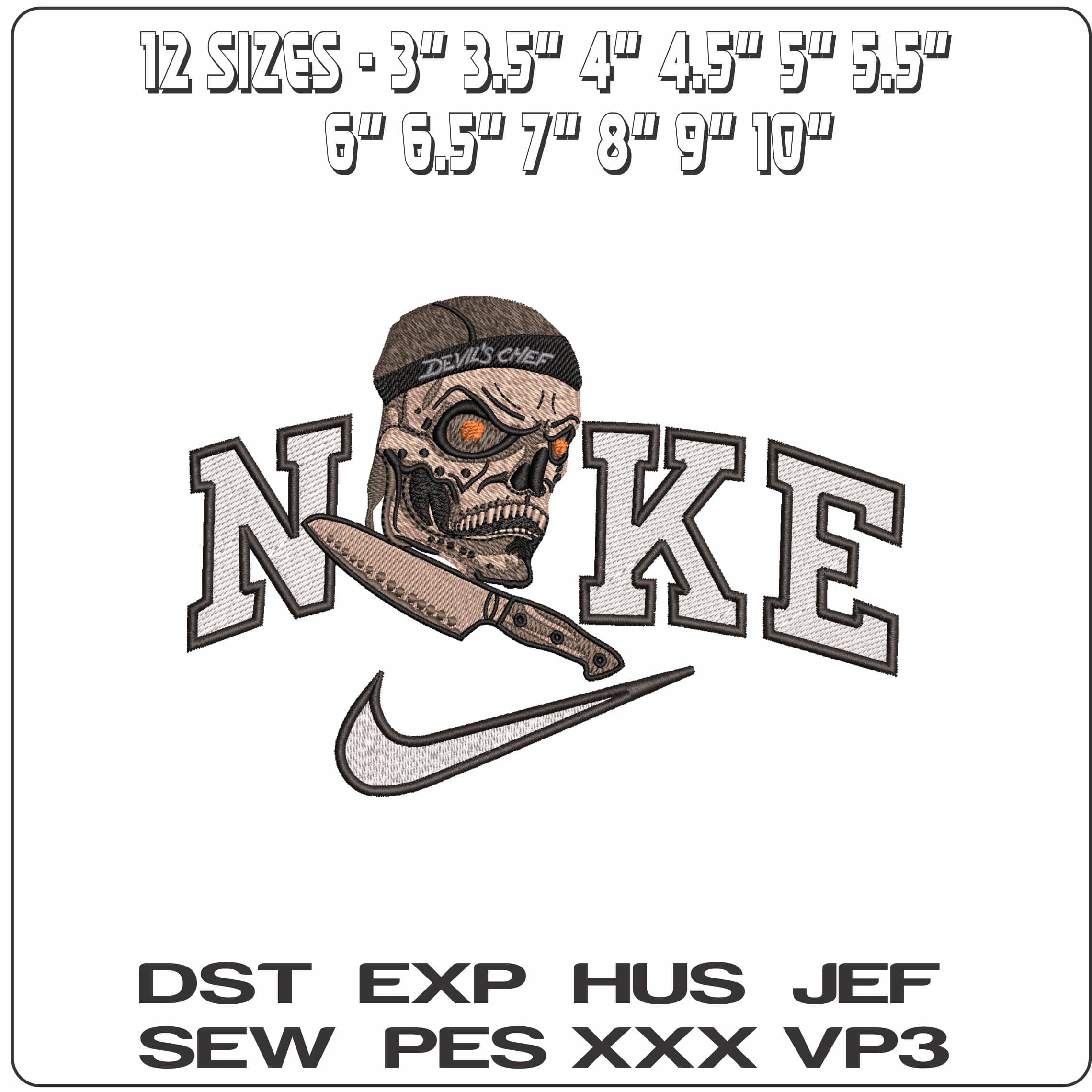 Nike Devil Chef Skull with Knife - Elegant embroidery design file - instant download — view 2