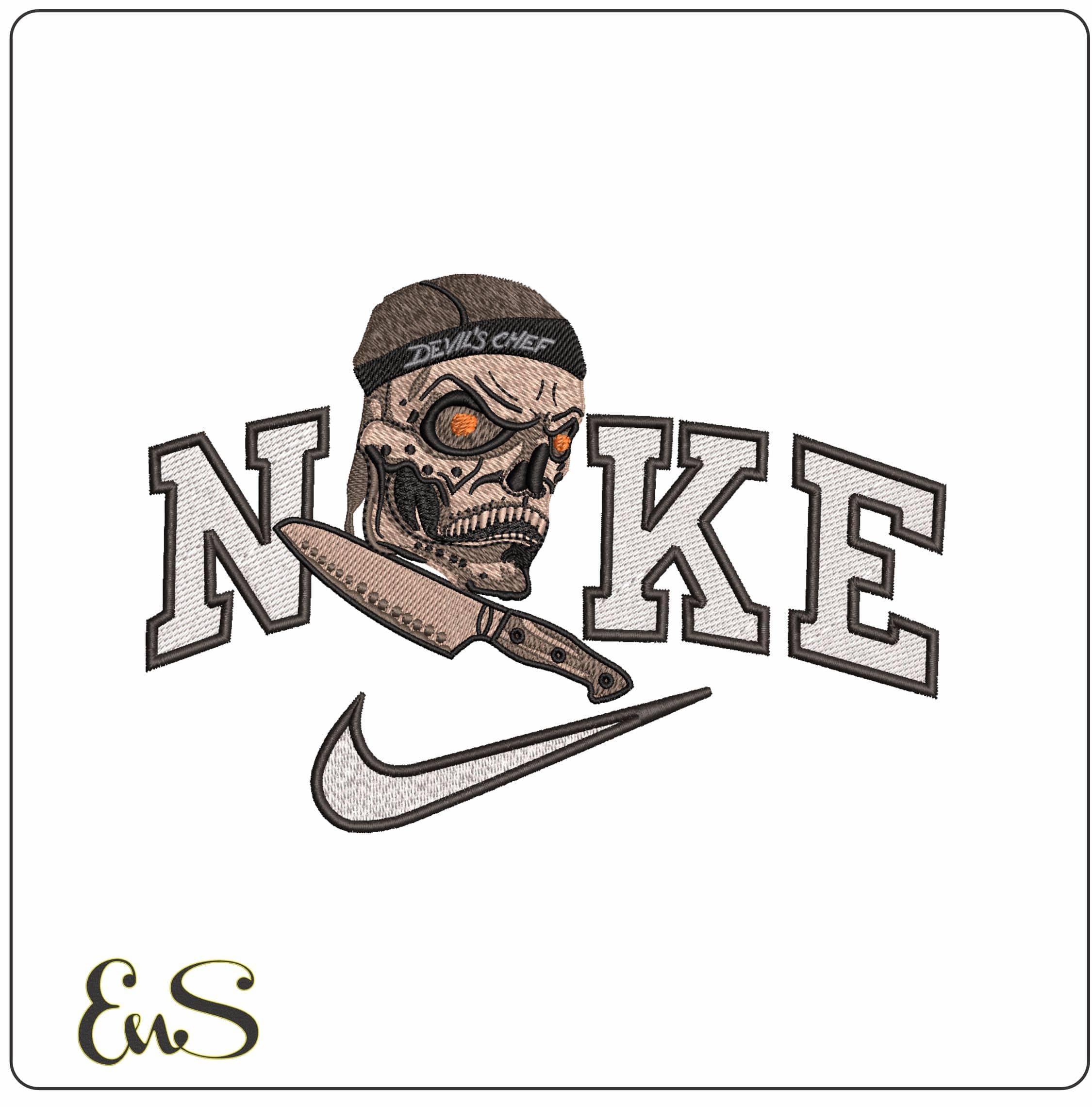 Nike Devil Chef Skull with Knife - Elegant embroidery design file - instant download