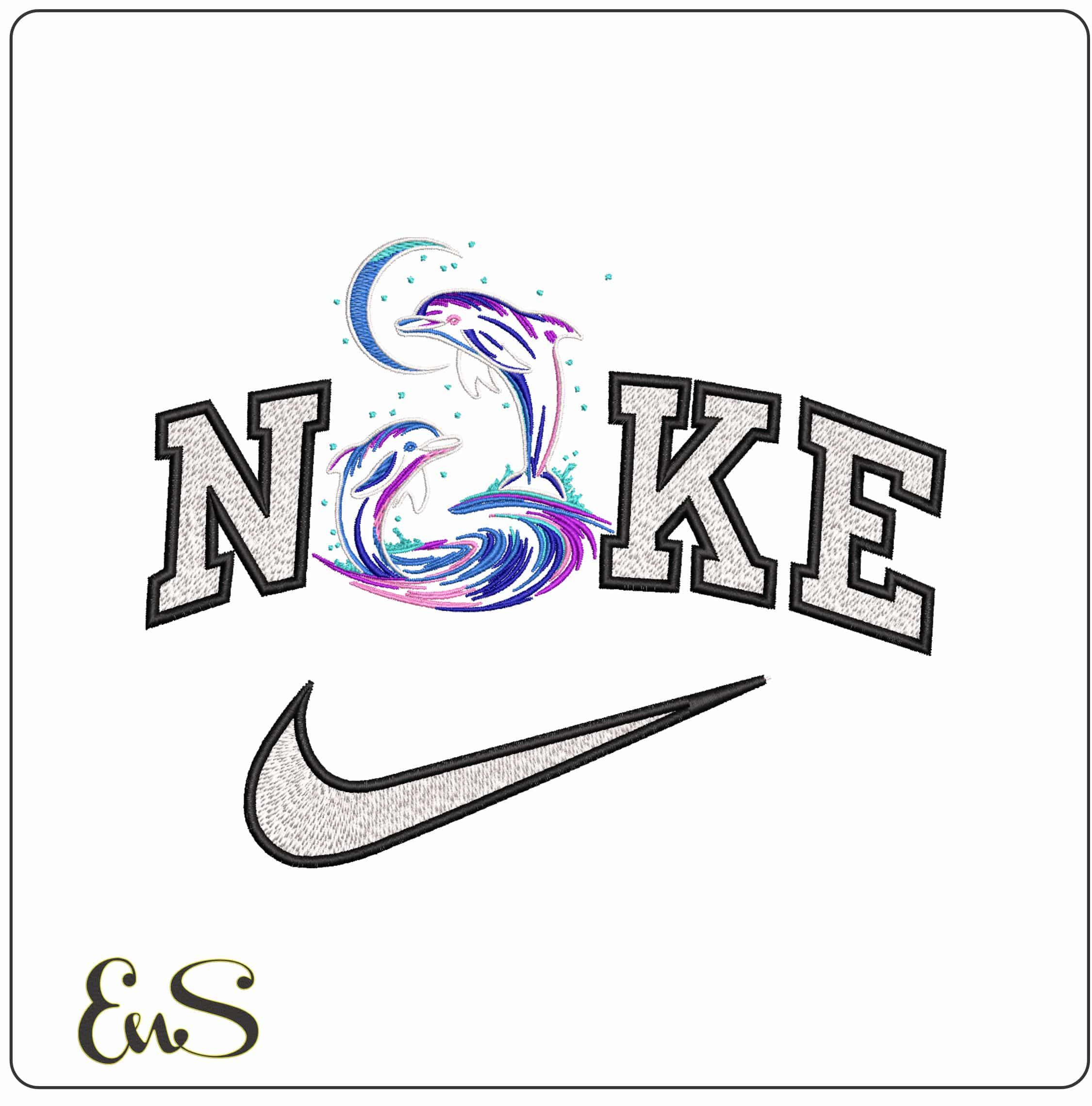 Nike Dolphins leaping to the Moon- Elegant embroidery design file - instant download