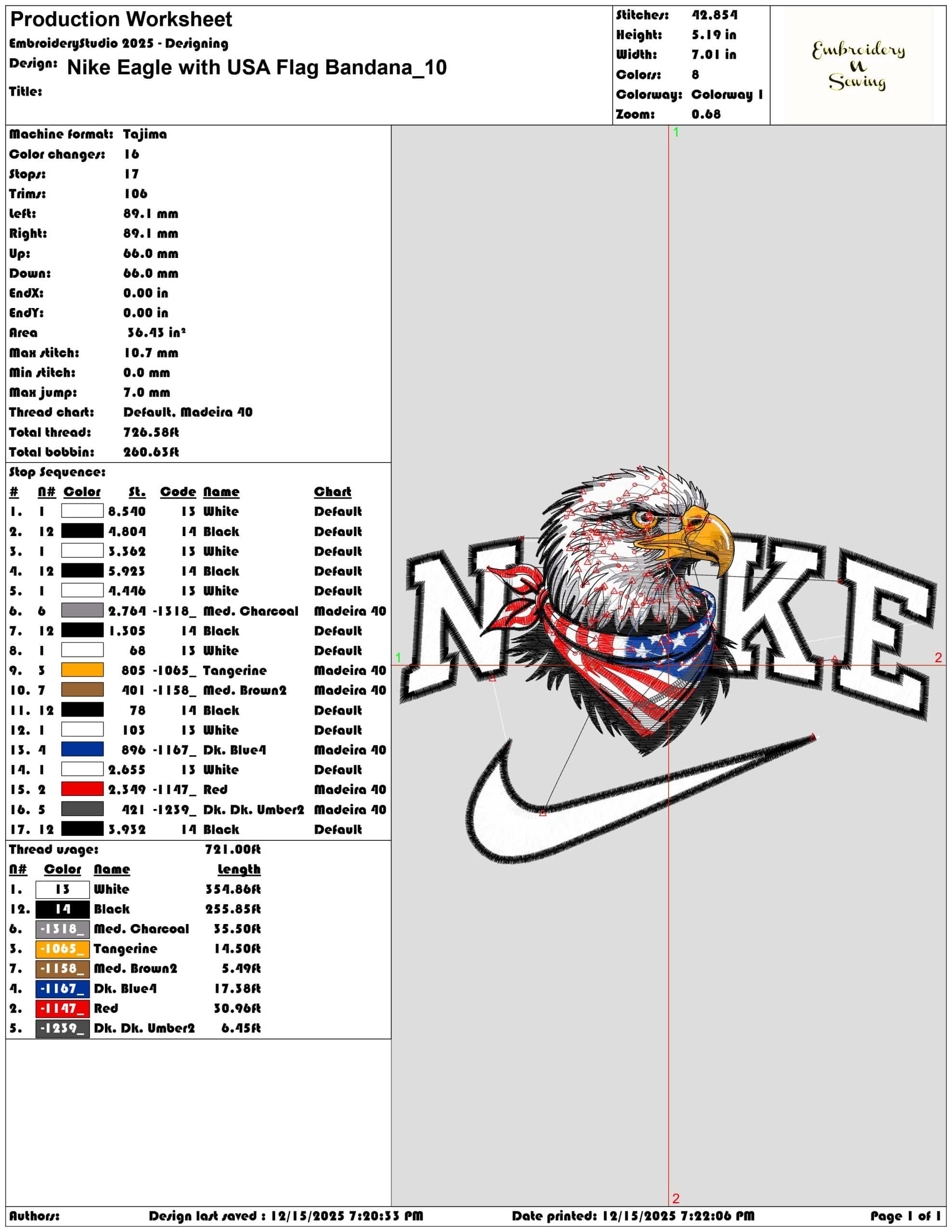 Nike Eagle with USA Flag Bandana- Elegant embroidery design file - instant download — view 3