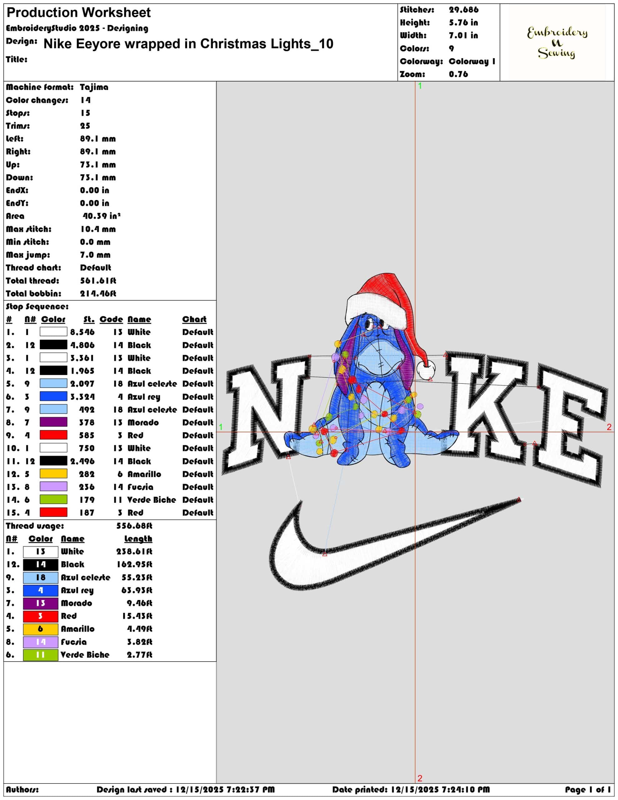 Nike Eeyore wrapped in Christmas Lights- Elegant embroidery design file - instant download — view 3