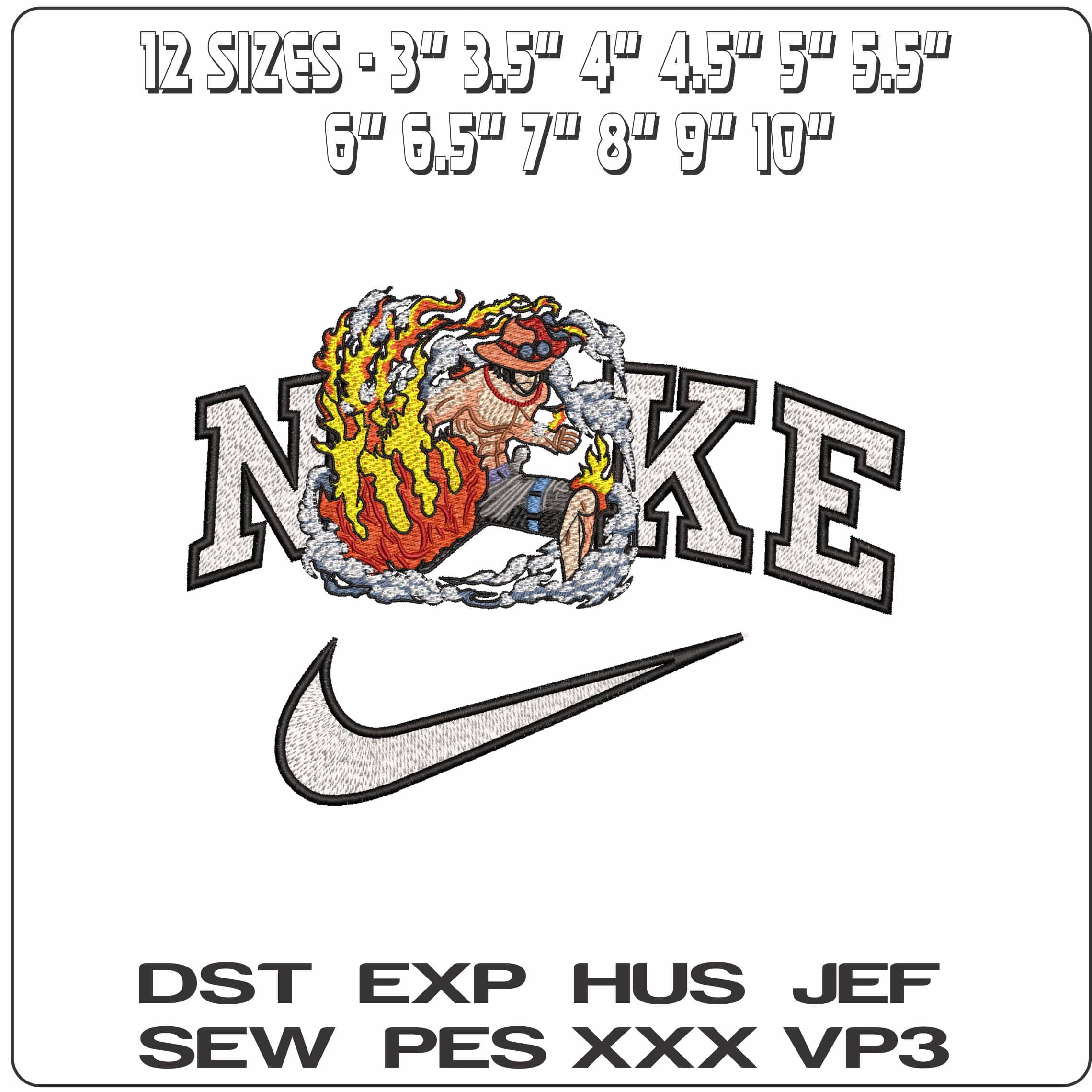 Nike Fire Fist Portgas D Ace One Piece Anime- Elegant embroidery design file - instant download — view 2
