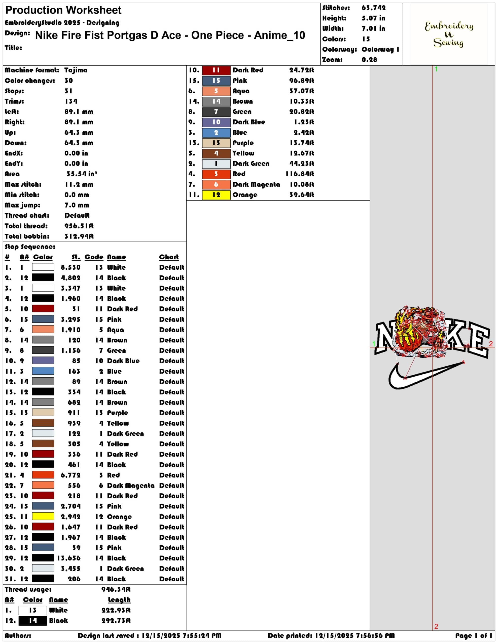 Nike Fire Fist Portgas D Ace One Piece Anime- Elegant embroidery design file - instant download — view 3