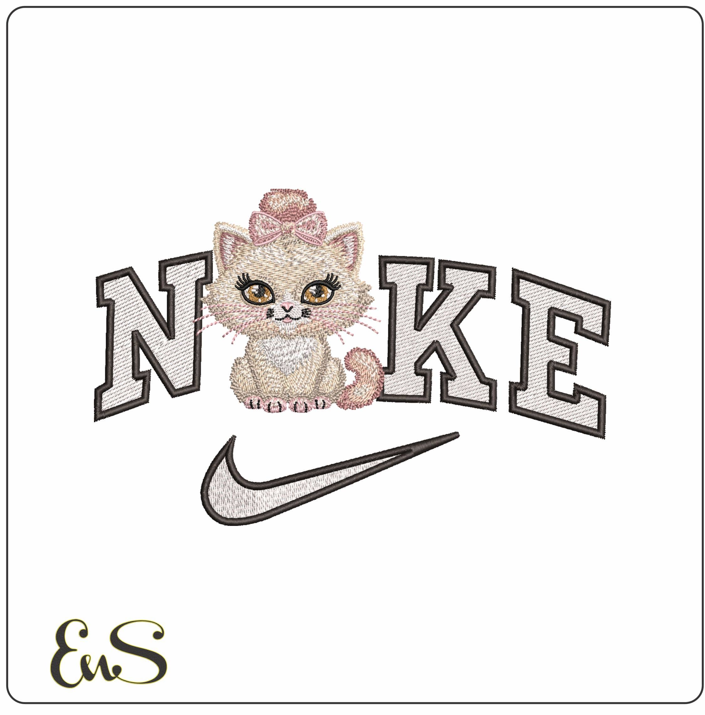 Nike Fluffy Kitten with a Bow- Elegant embroidery design file - instant download