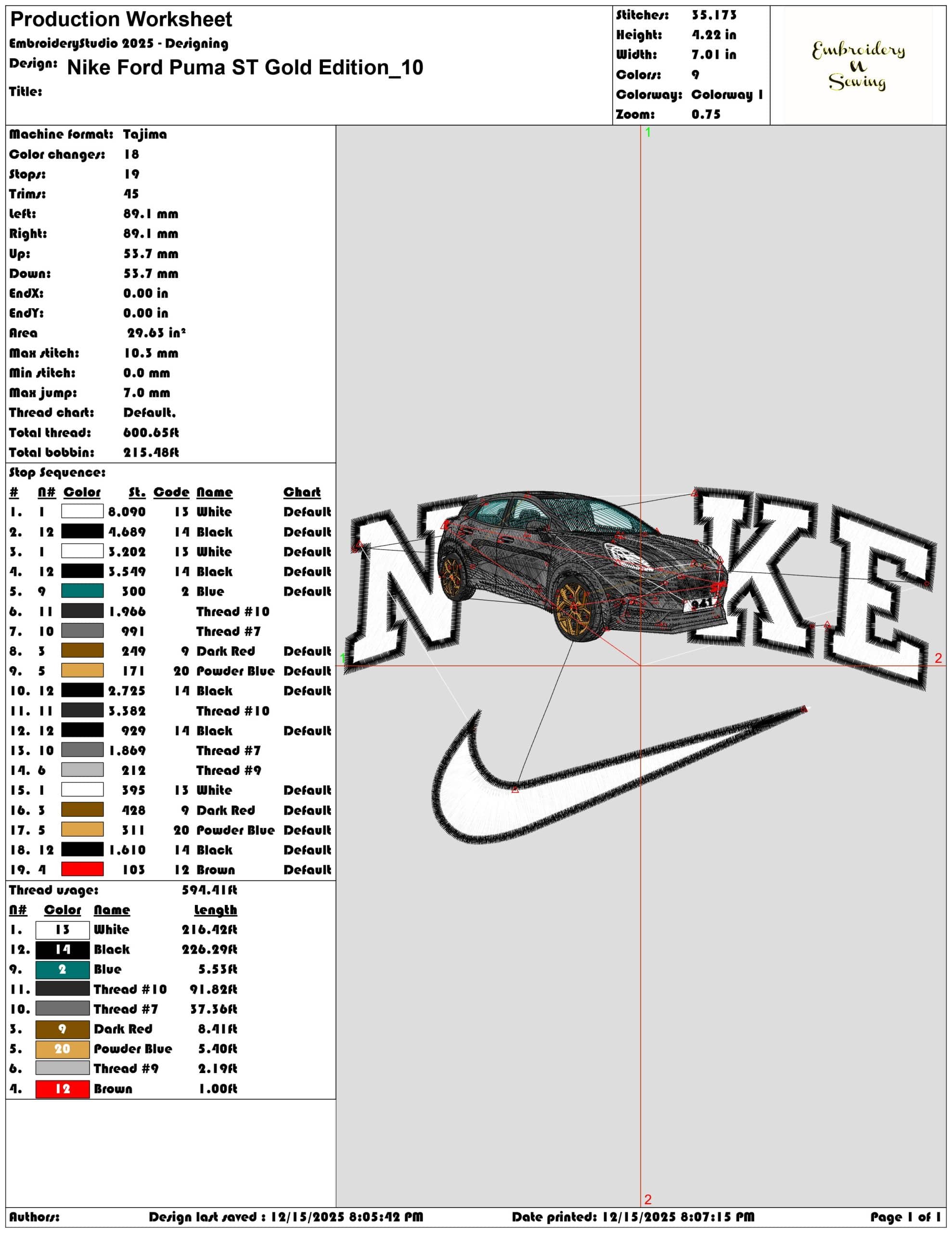 Nike Ford Puma ST Gold Edition- Elegant embroidery design file - instant download — view 3