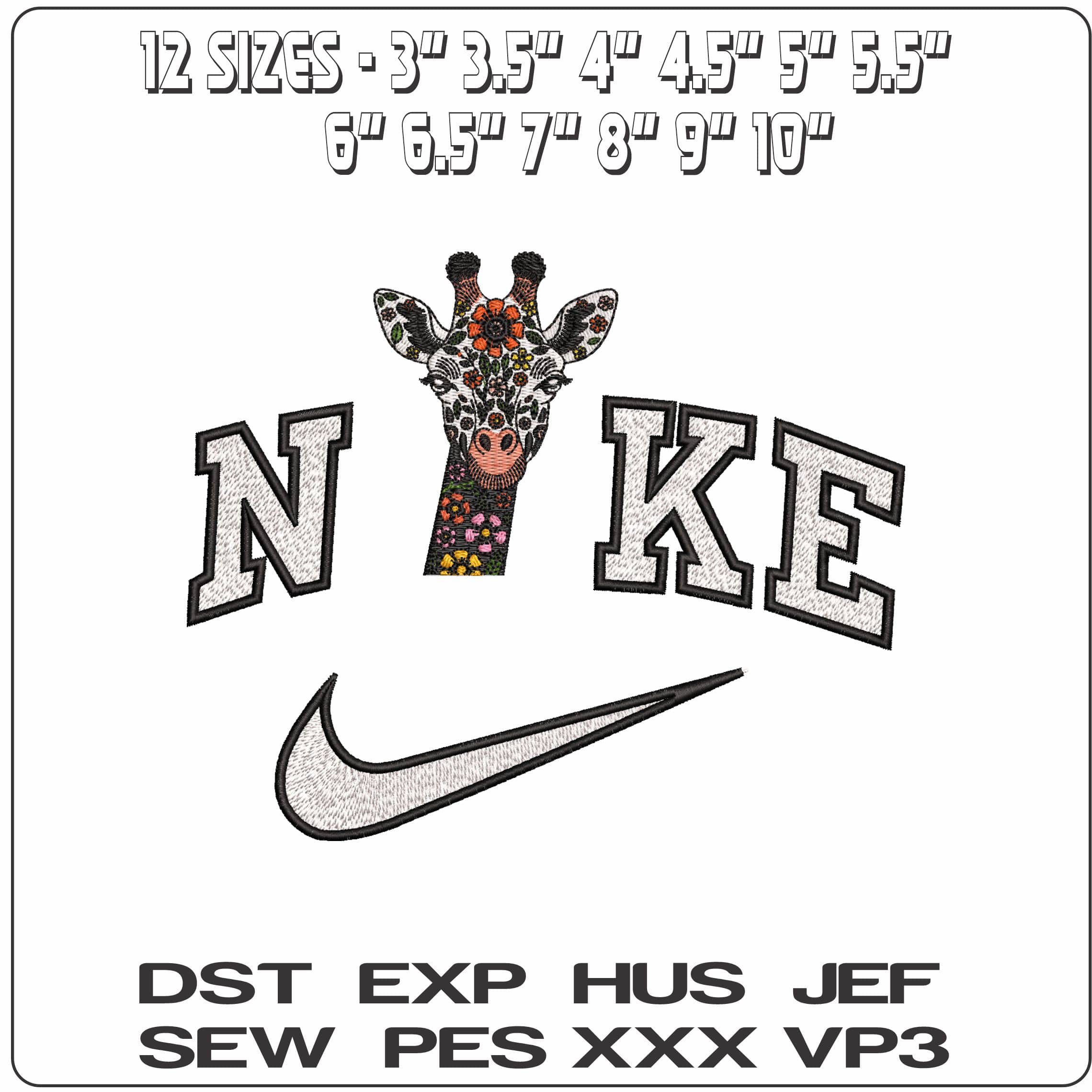 Nike Giraffe Head with Flowers- Elegant embroidery design file - instant download — view 2