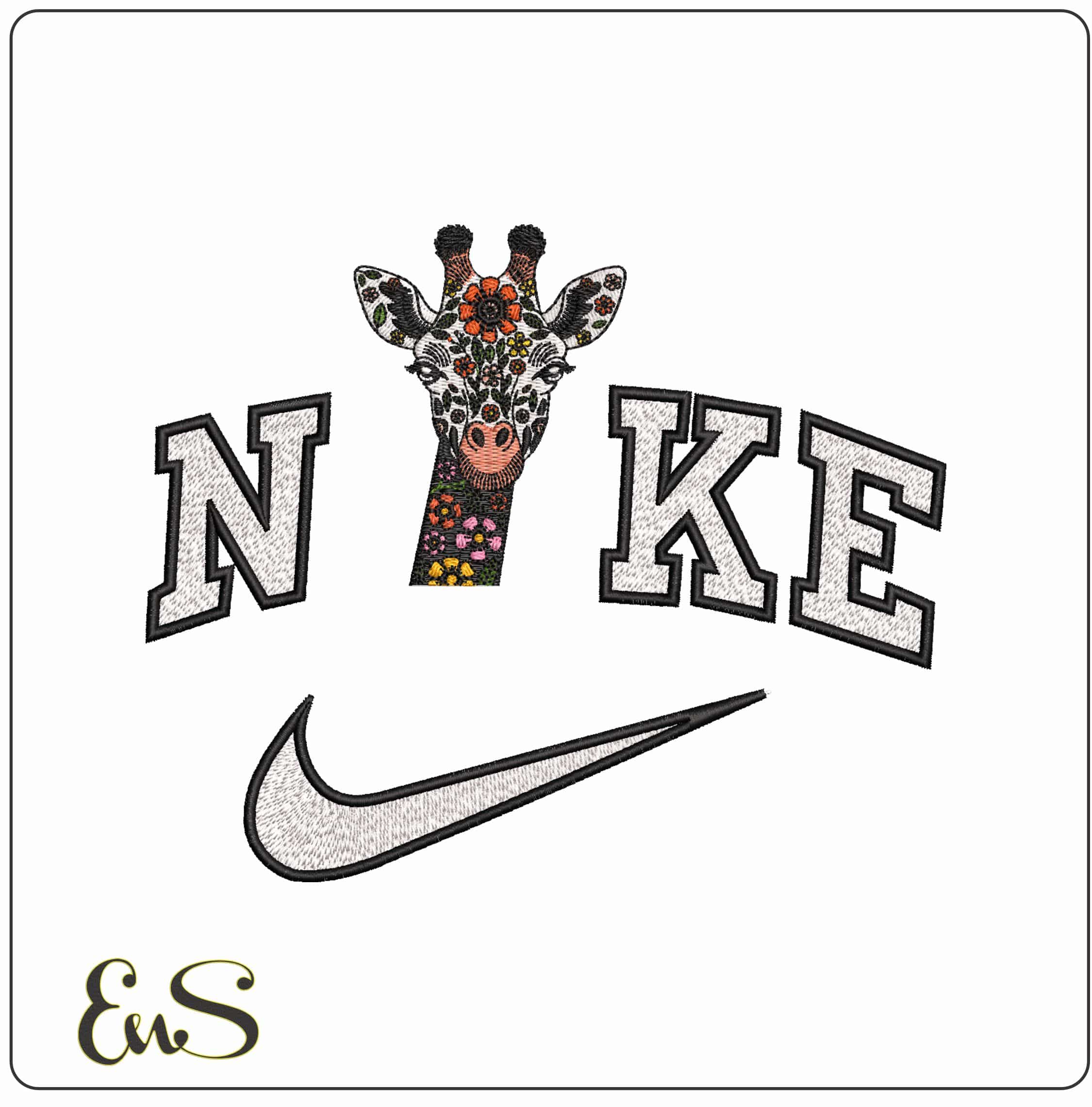 Nike Giraffe Head with Flowers- Elegant embroidery design file - instant download