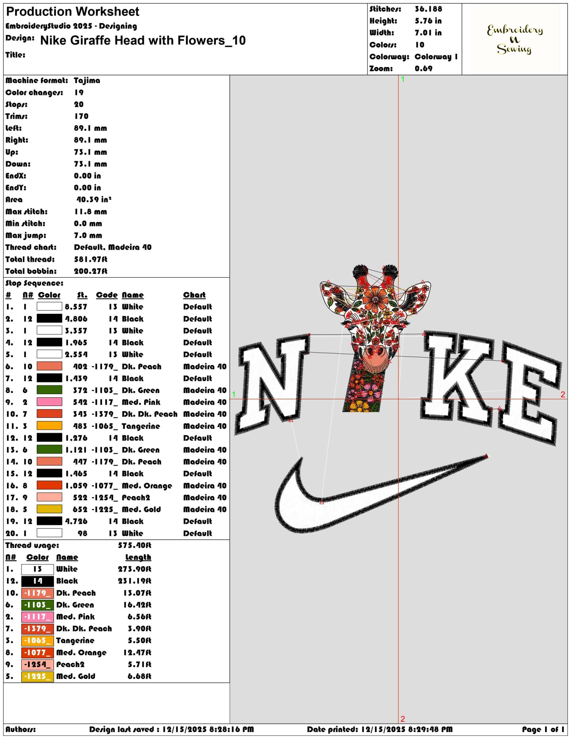 Nike Giraffe Head with Flowers- Elegant embroidery design file - instant download — view 3