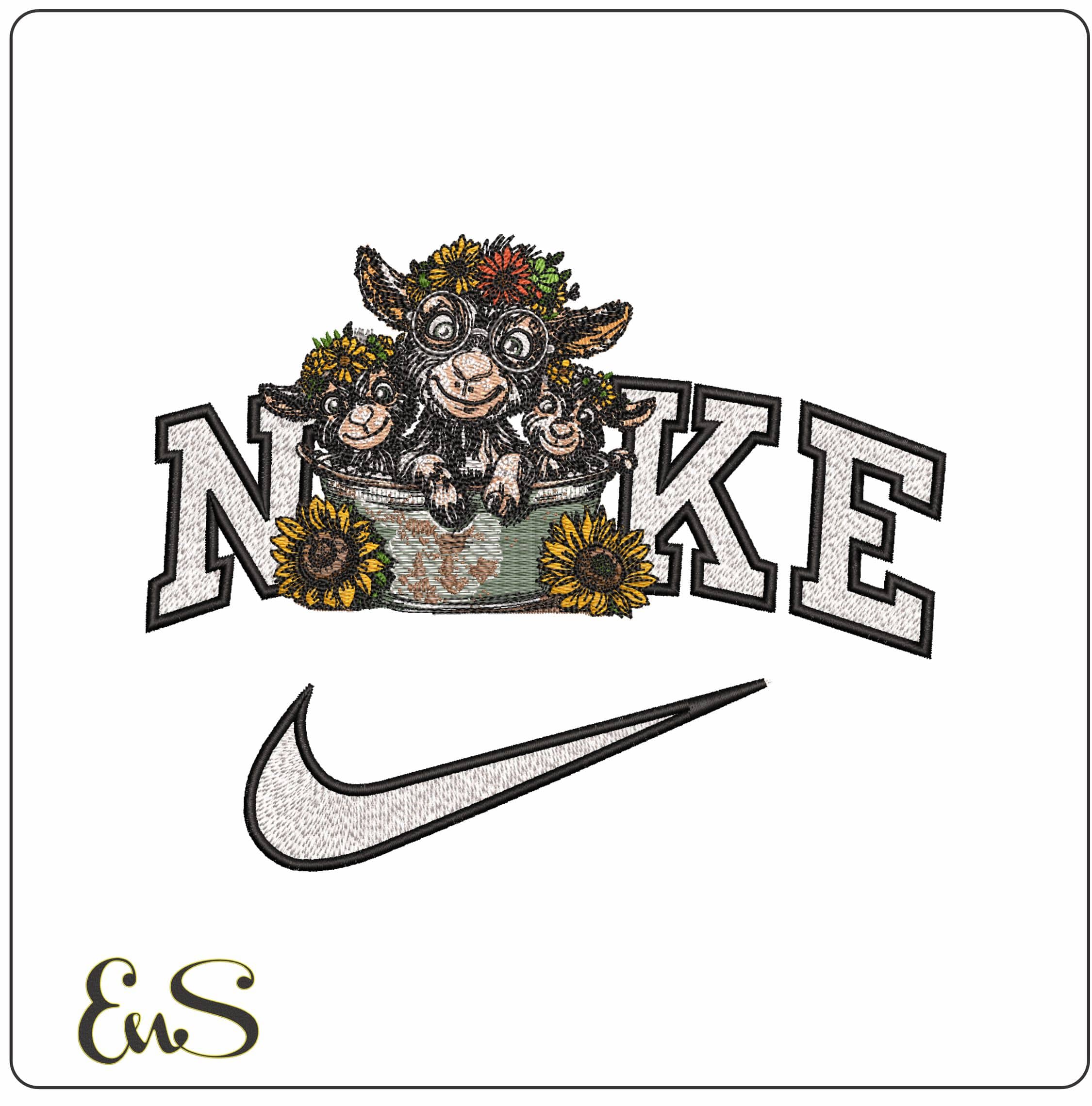 Nike Goats in Bath with Flower- Elegant embroidery design file - instant download