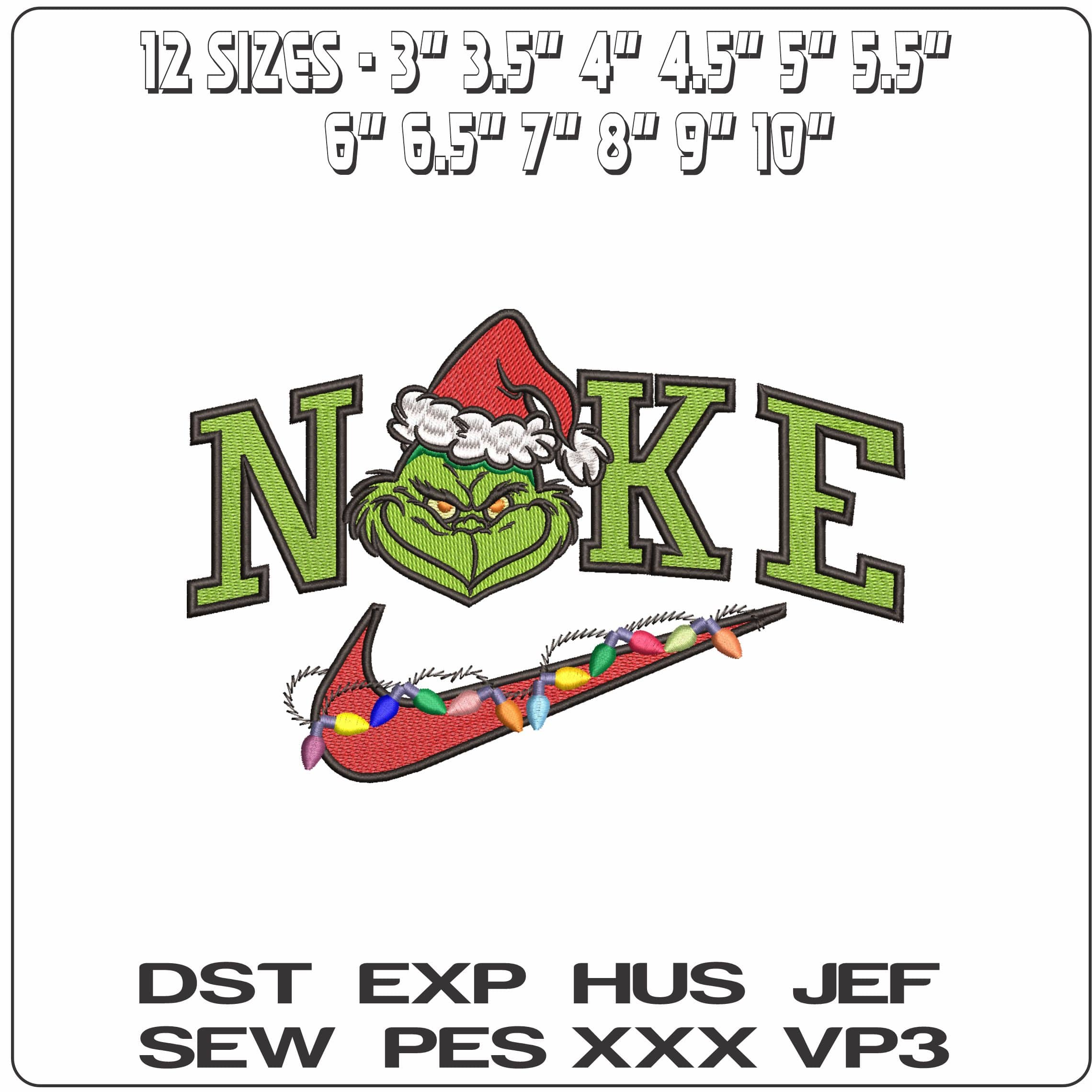 Nike Grinch Face Xmas Lights- Elegant embroidery design file - instant download — view 2