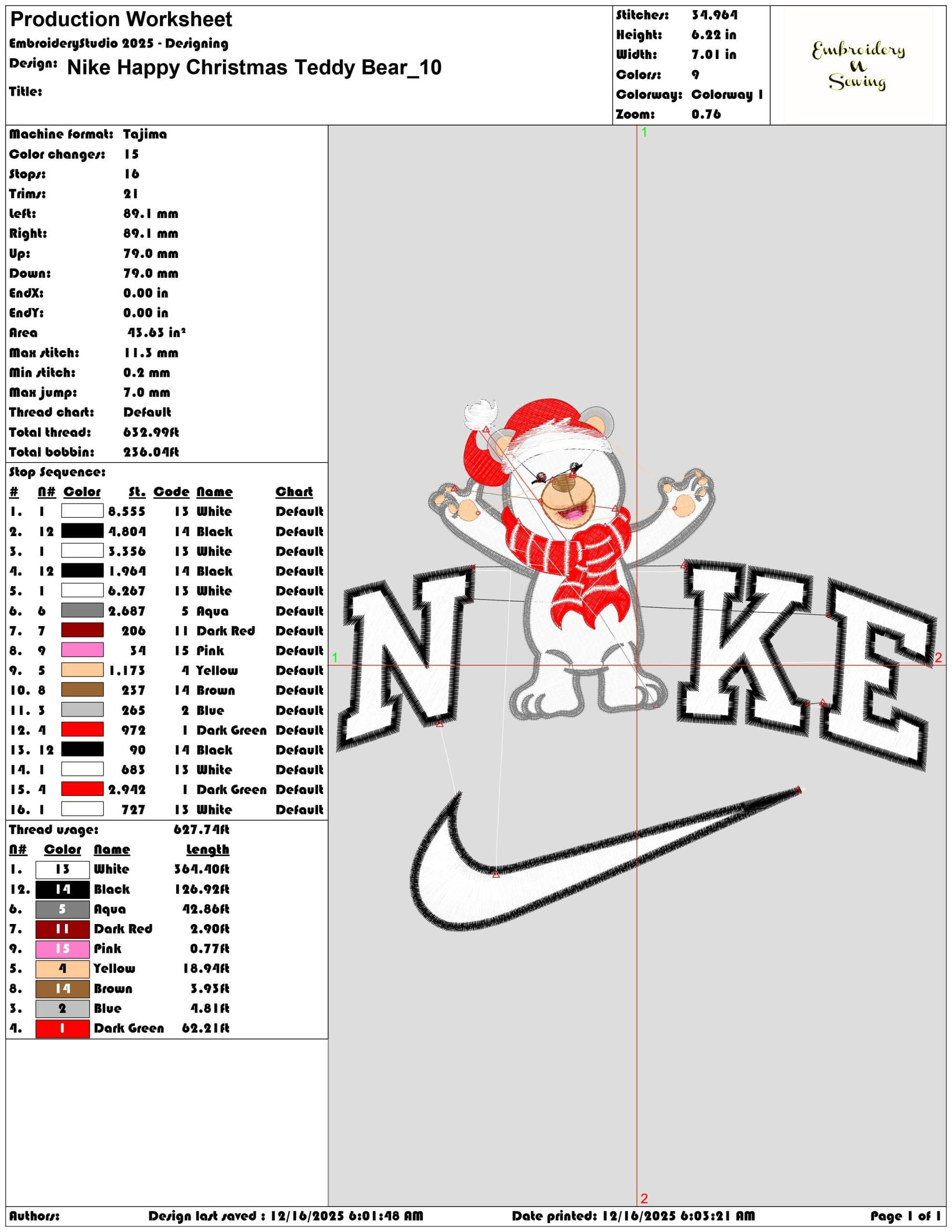 Nike Happy Christmas Teddy Bear- Elegant embroidery design file - instant download — view 3