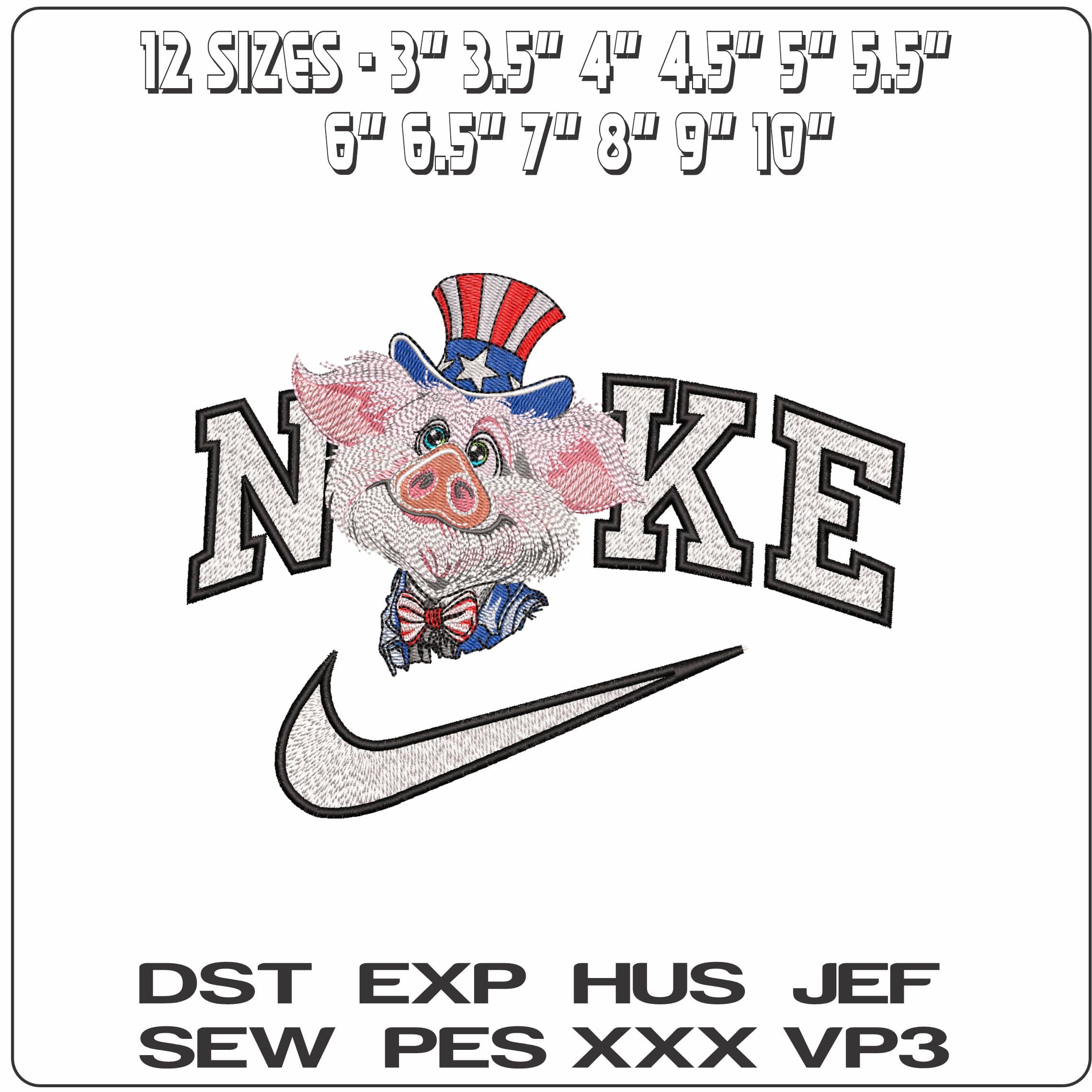 Nike Happy pig in USA flag- Elegant embroidery design file - instant download — view 2