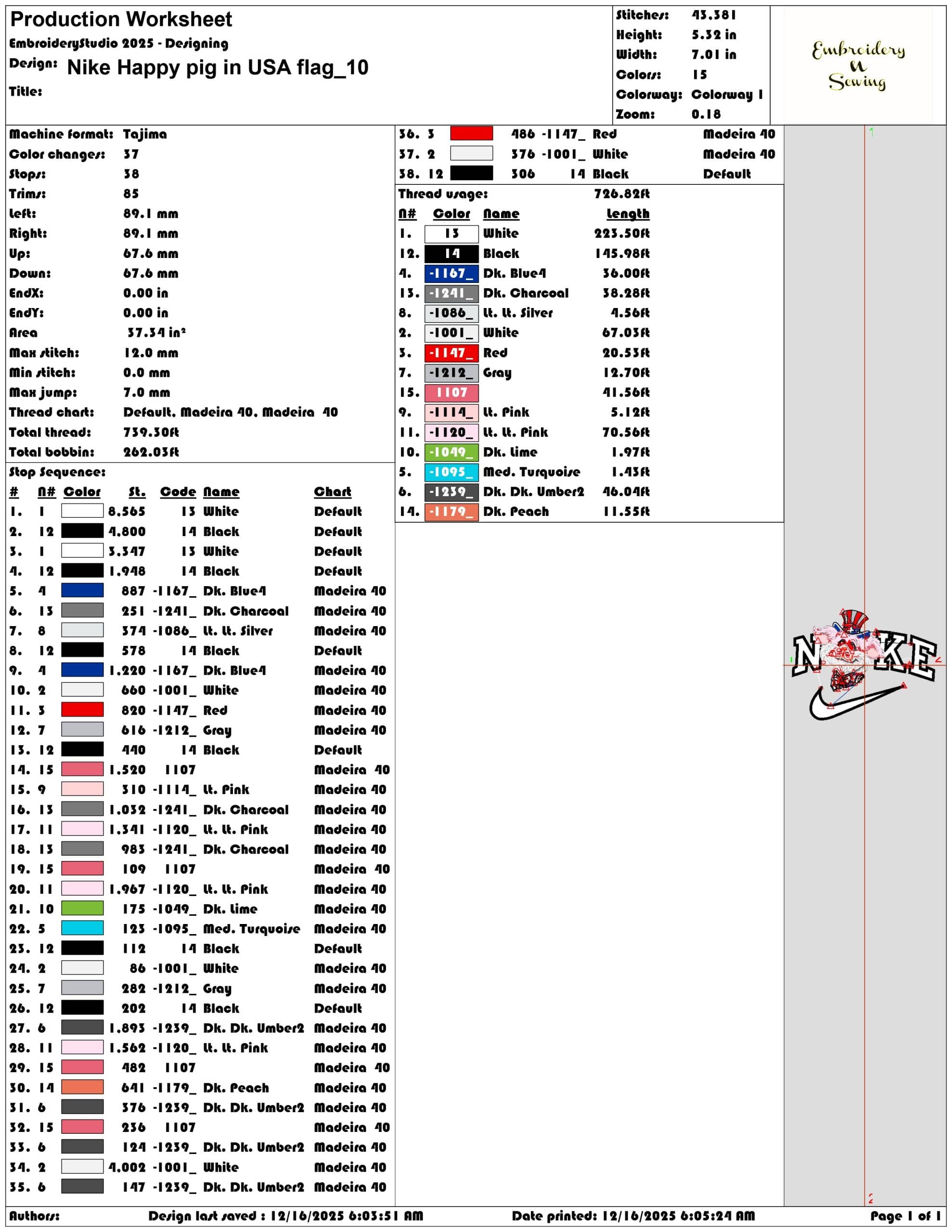 Nike Happy pig in USA flag- Elegant embroidery design file - instant download — view 3